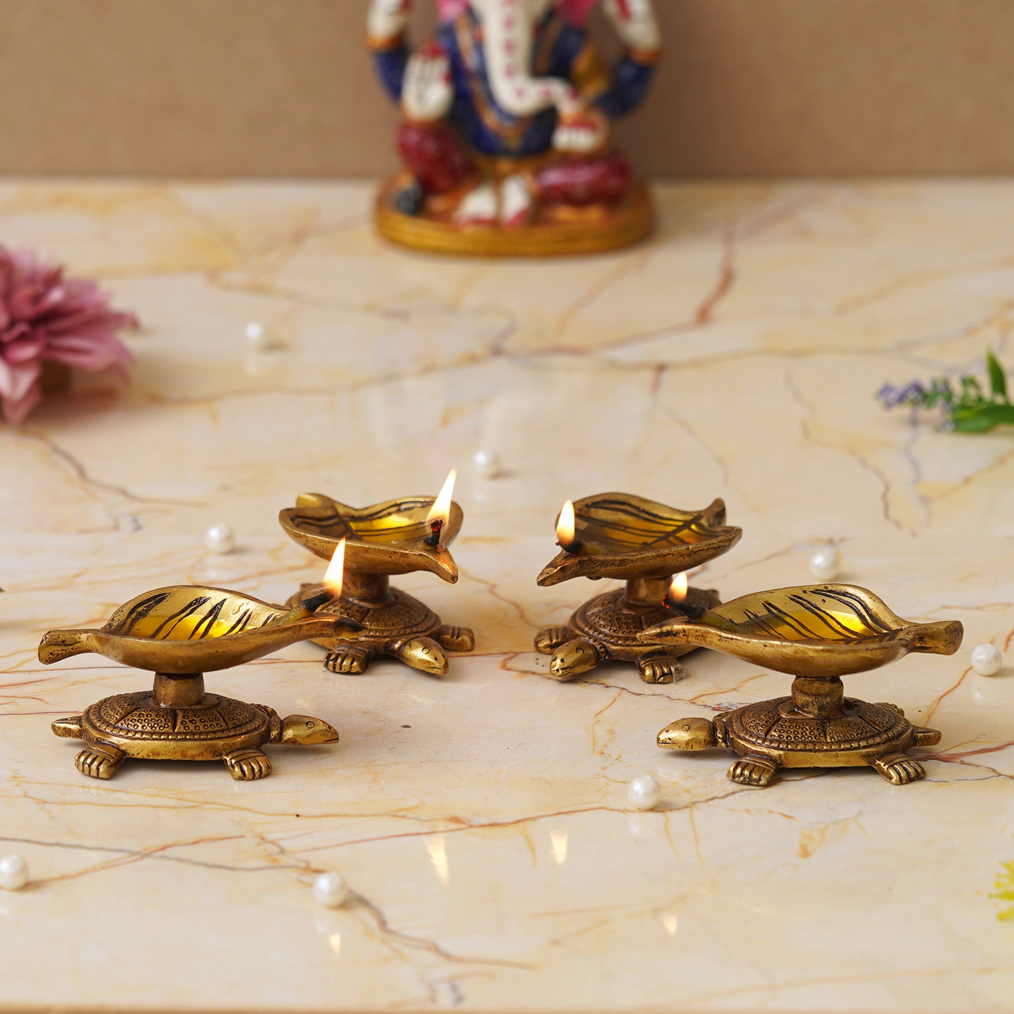 eCraftIndia Set of 4 Golden Handcrafted Tortoise Statue Leaf Design Decorative Brass Diya 4