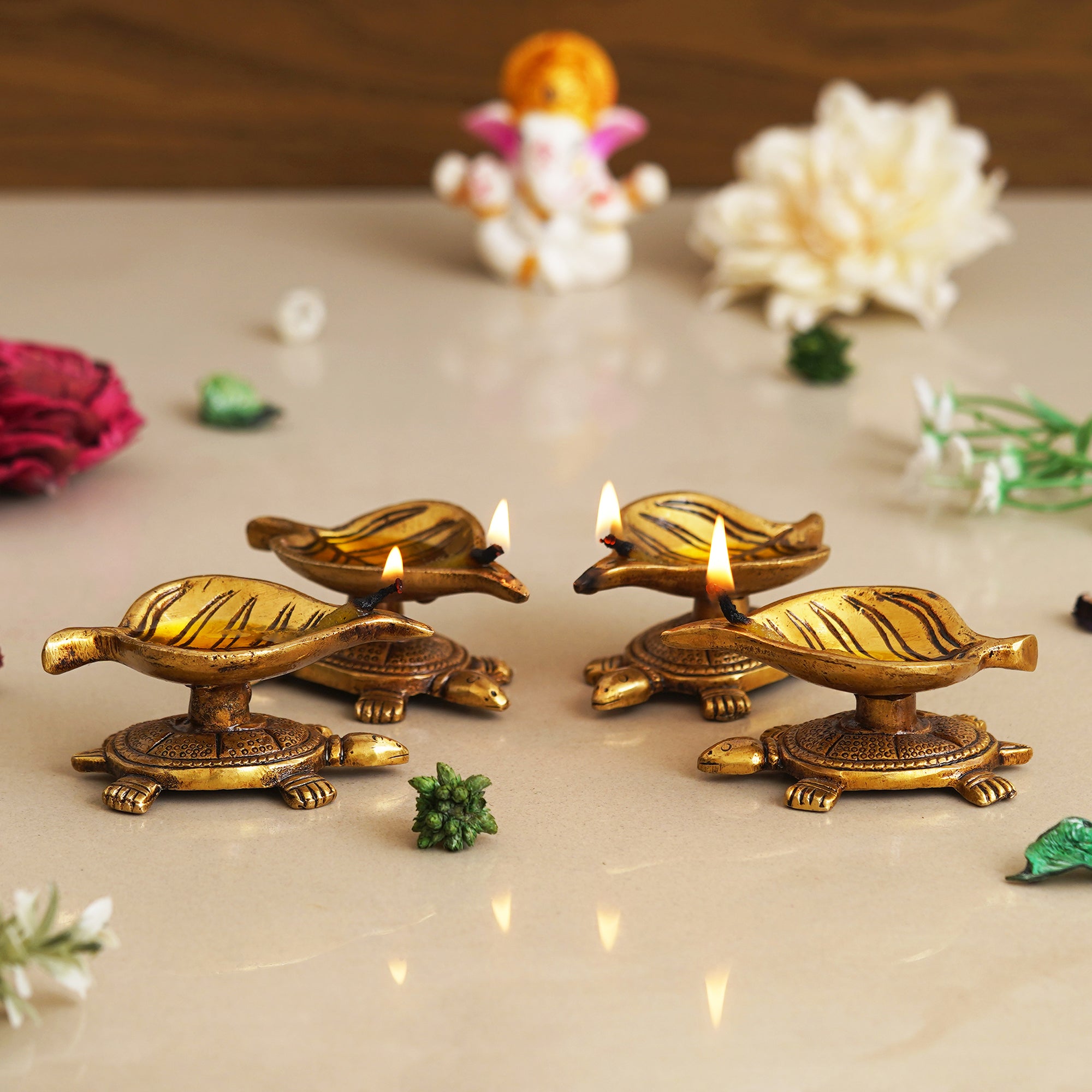 eCraftIndia Set of 4 Golden Handcrafted Tortoise Statue Leaf Design Decorative Brass Diya 5