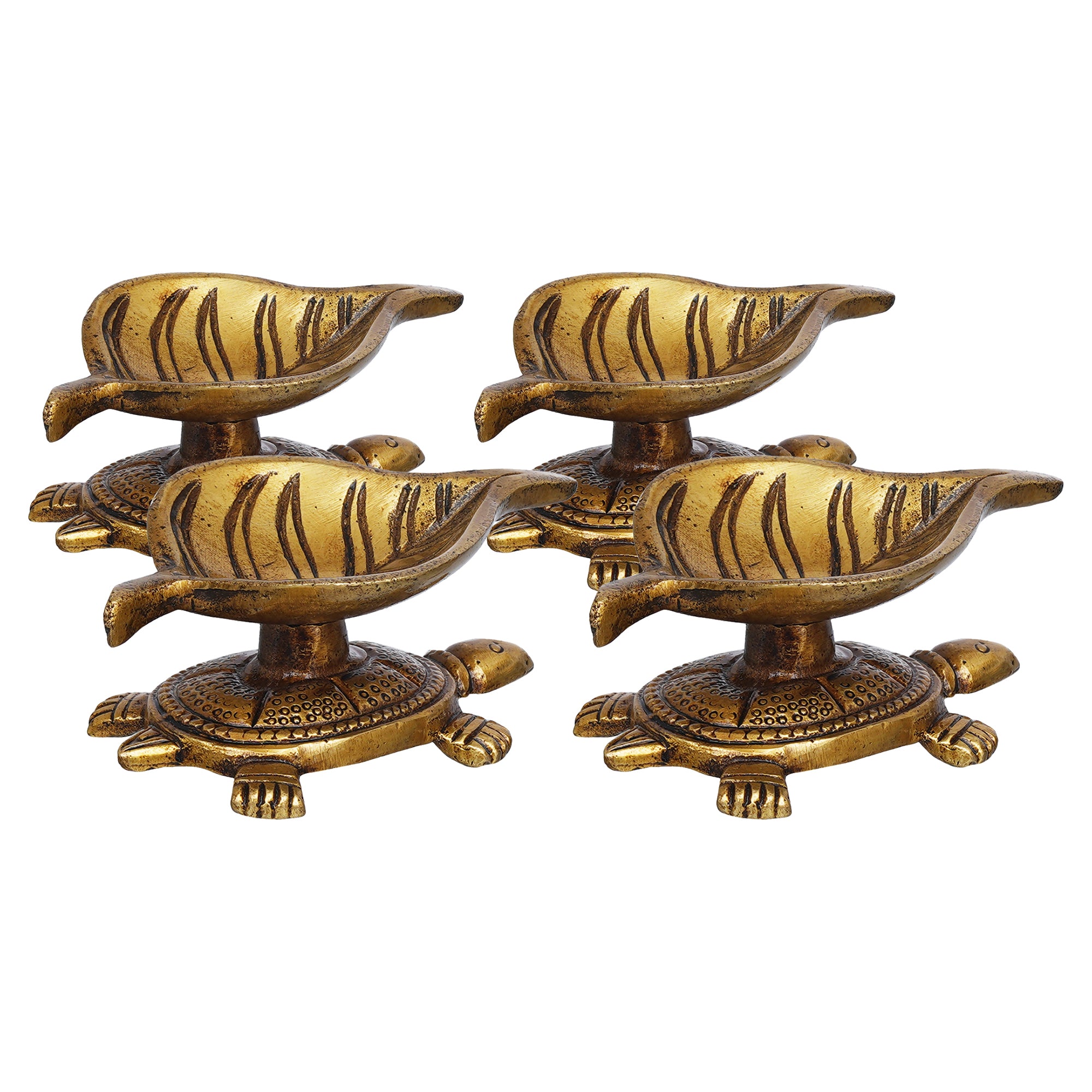 eCraftIndia Set of 4 Golden Handcrafted Tortoise Statue Leaf Design Decorative Brass Diya 6