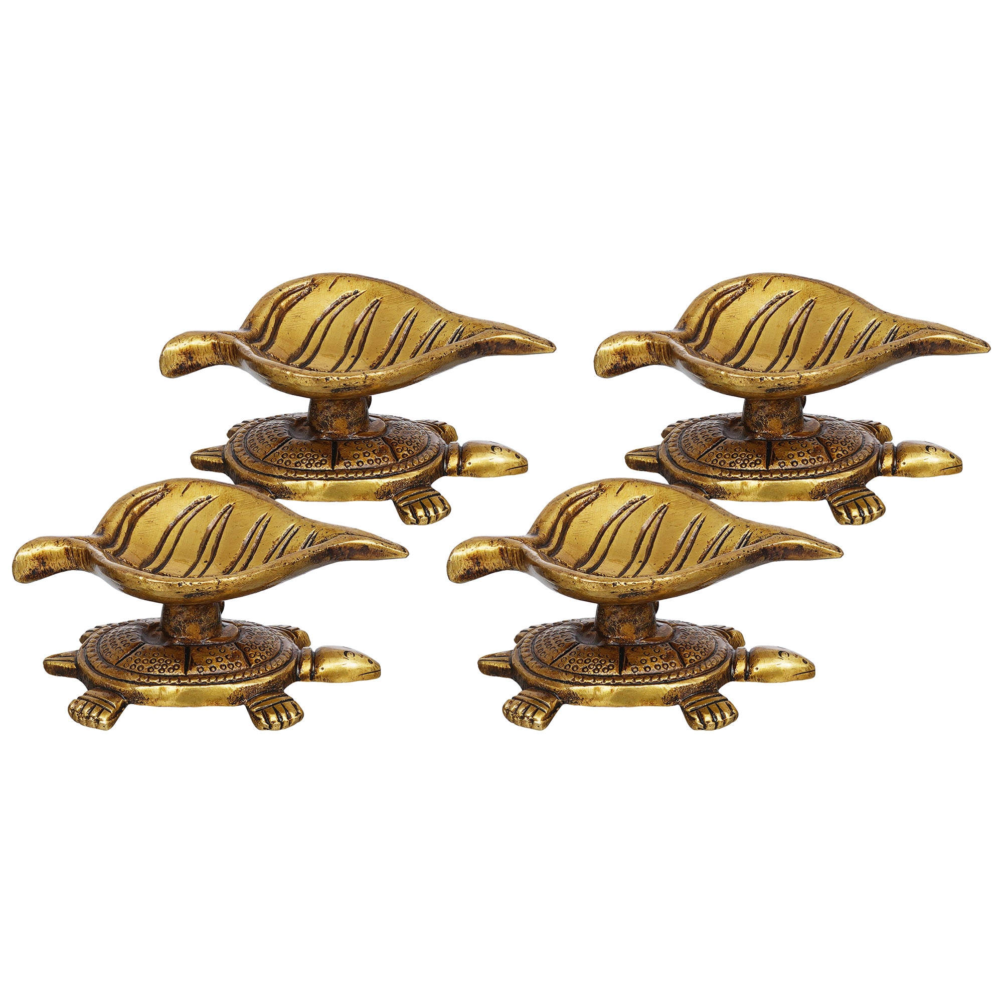 eCraftIndia Set of 4 Golden Handcrafted Tortoise Statue Leaf Design Decorative Brass Diya 7