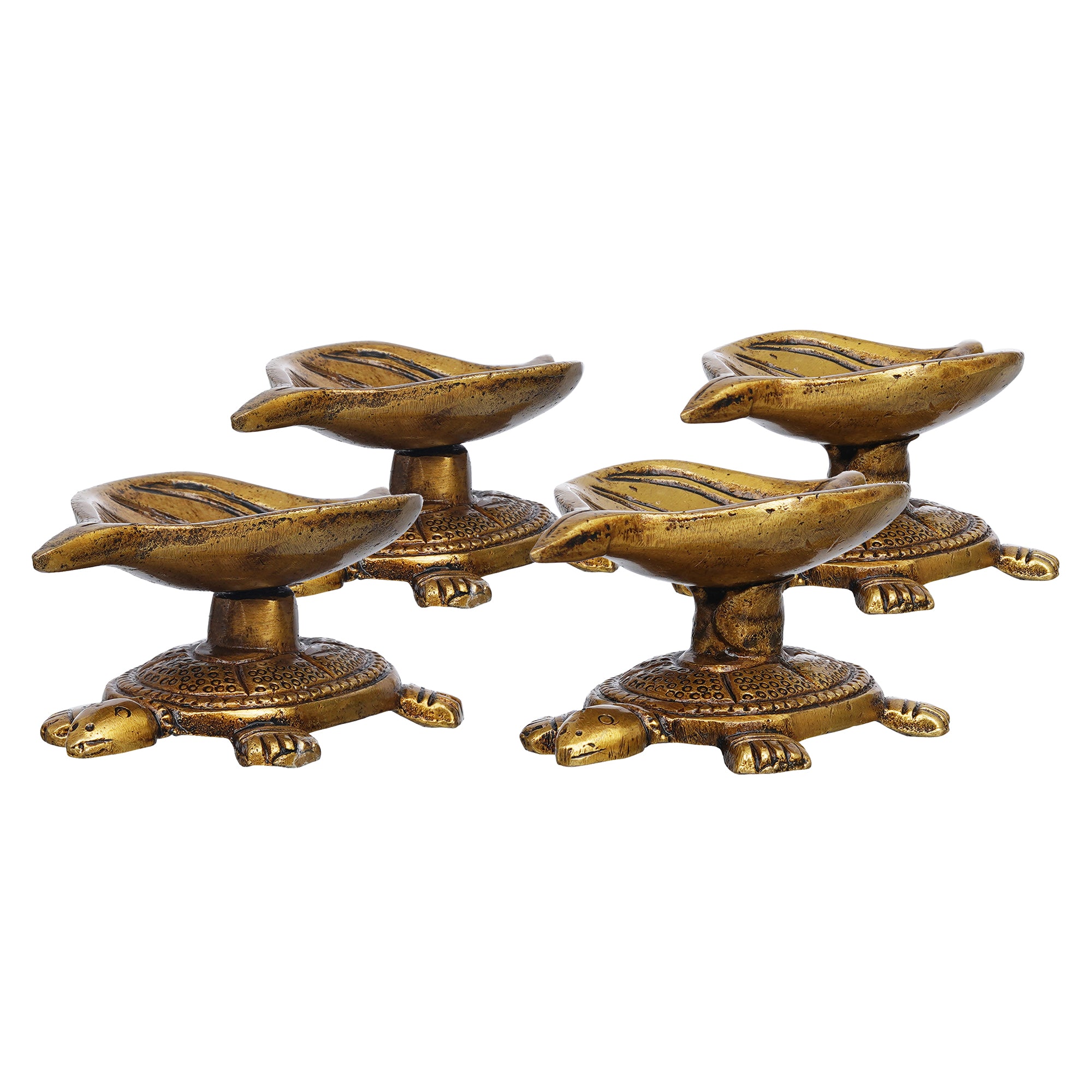 eCraftIndia Set of 4 Golden Handcrafted Tortoise Statue Leaf Design Decorative Brass Diya 8