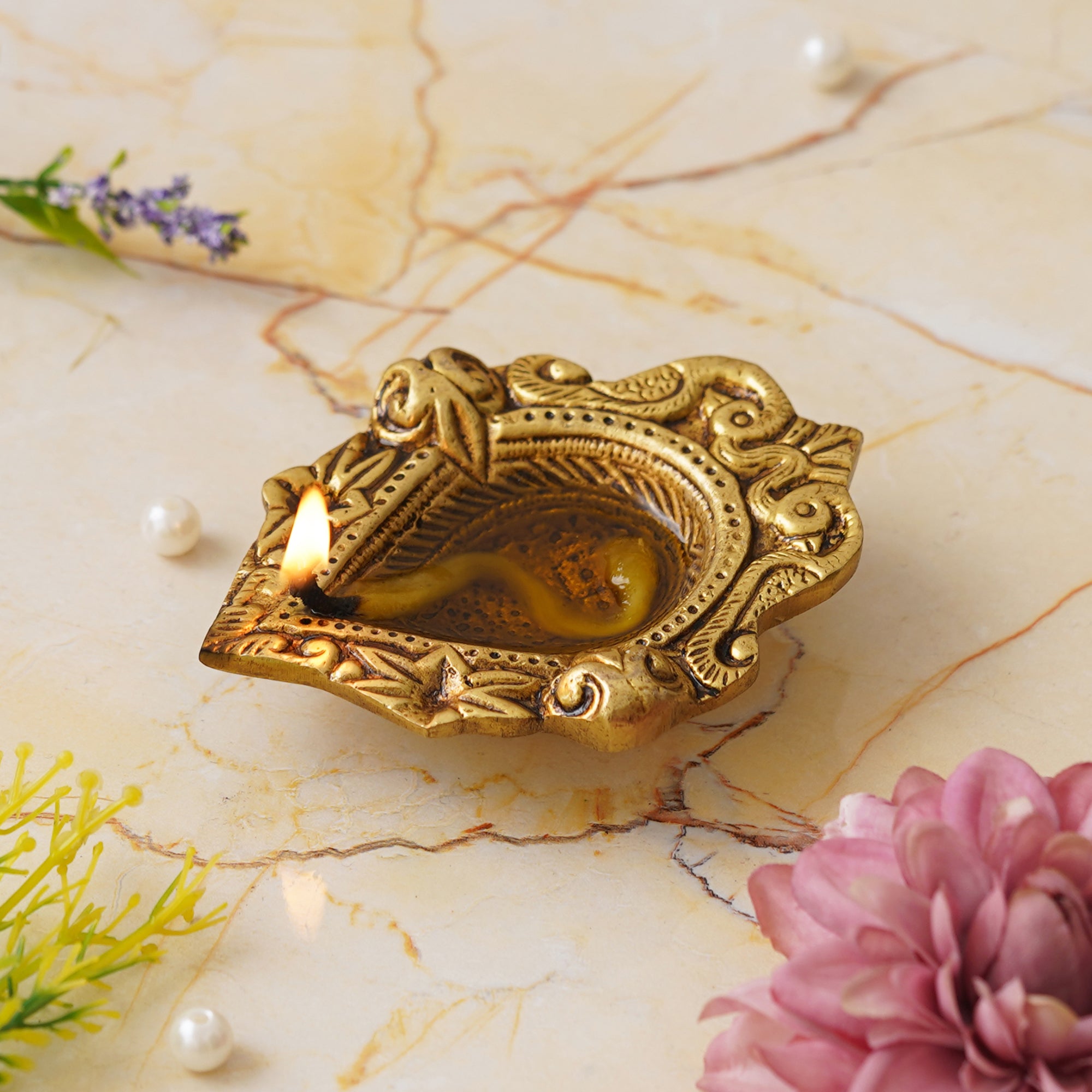 eCraftIndia Golden Handcrafted Traditional Decorative Brass Diya 1