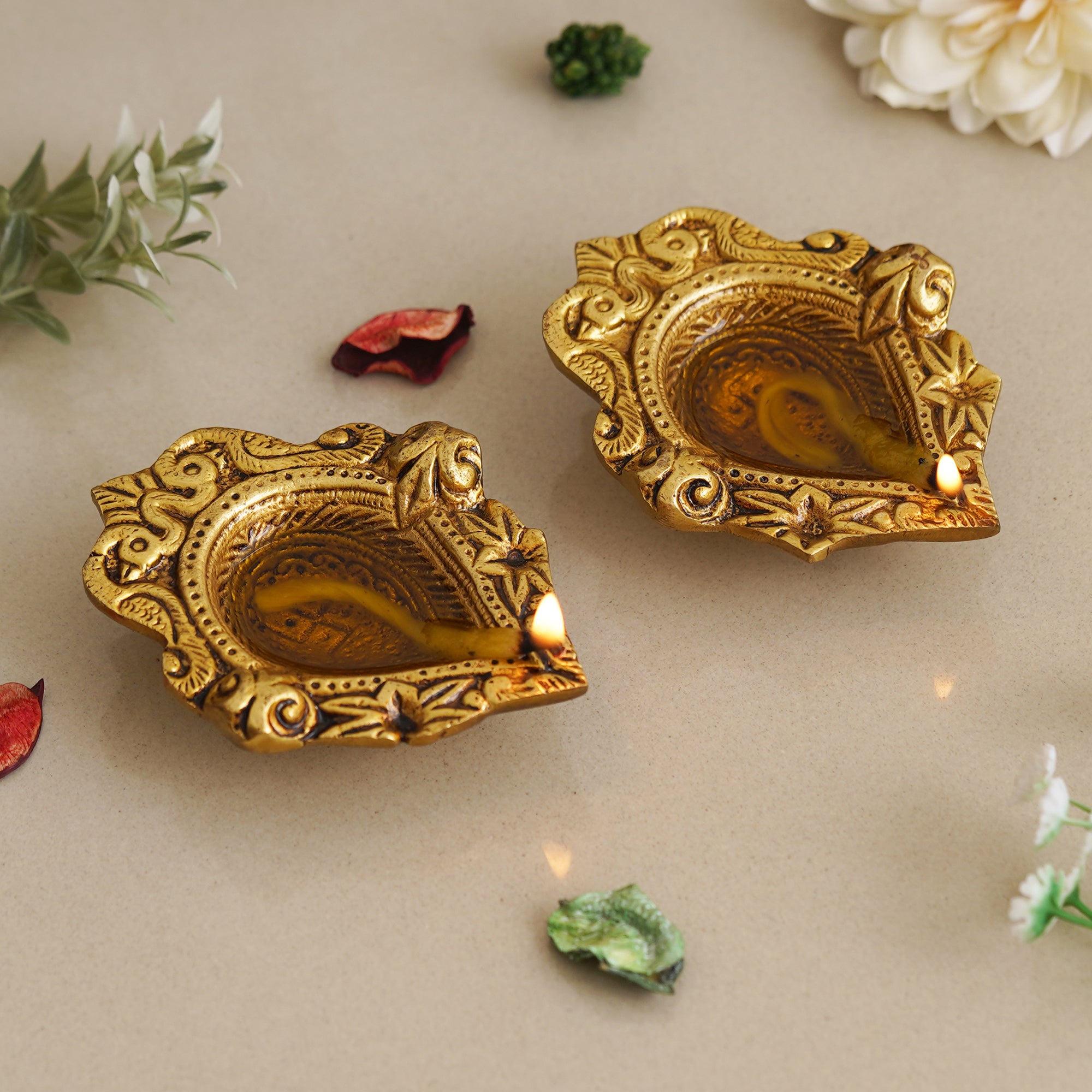 eCraftIndia Set of 2 Golden Handcrafted Traditional Decorative Brass Diyas