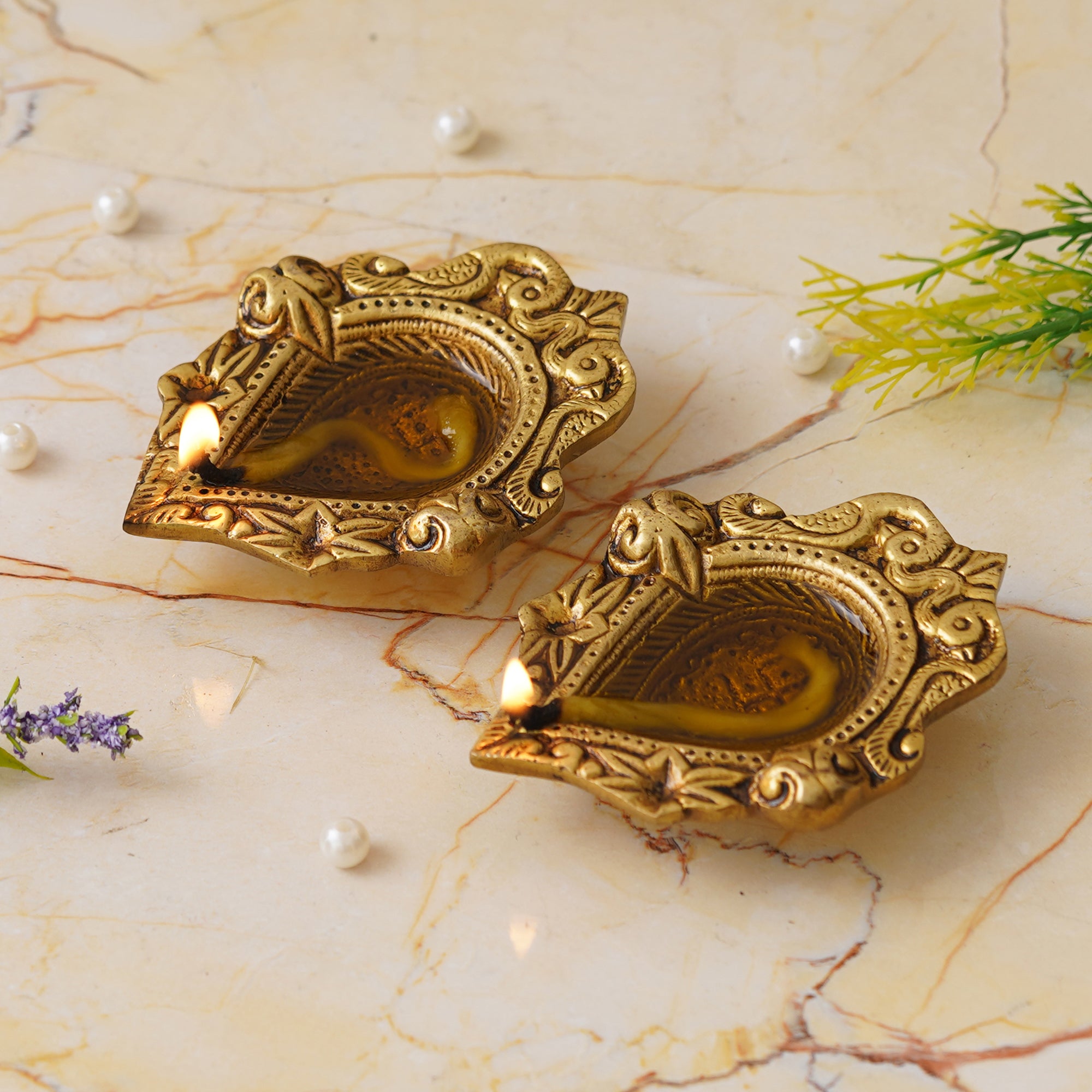 eCraftIndia Set of 2 Golden Handcrafted Traditional Decorative Brass Diyas 1