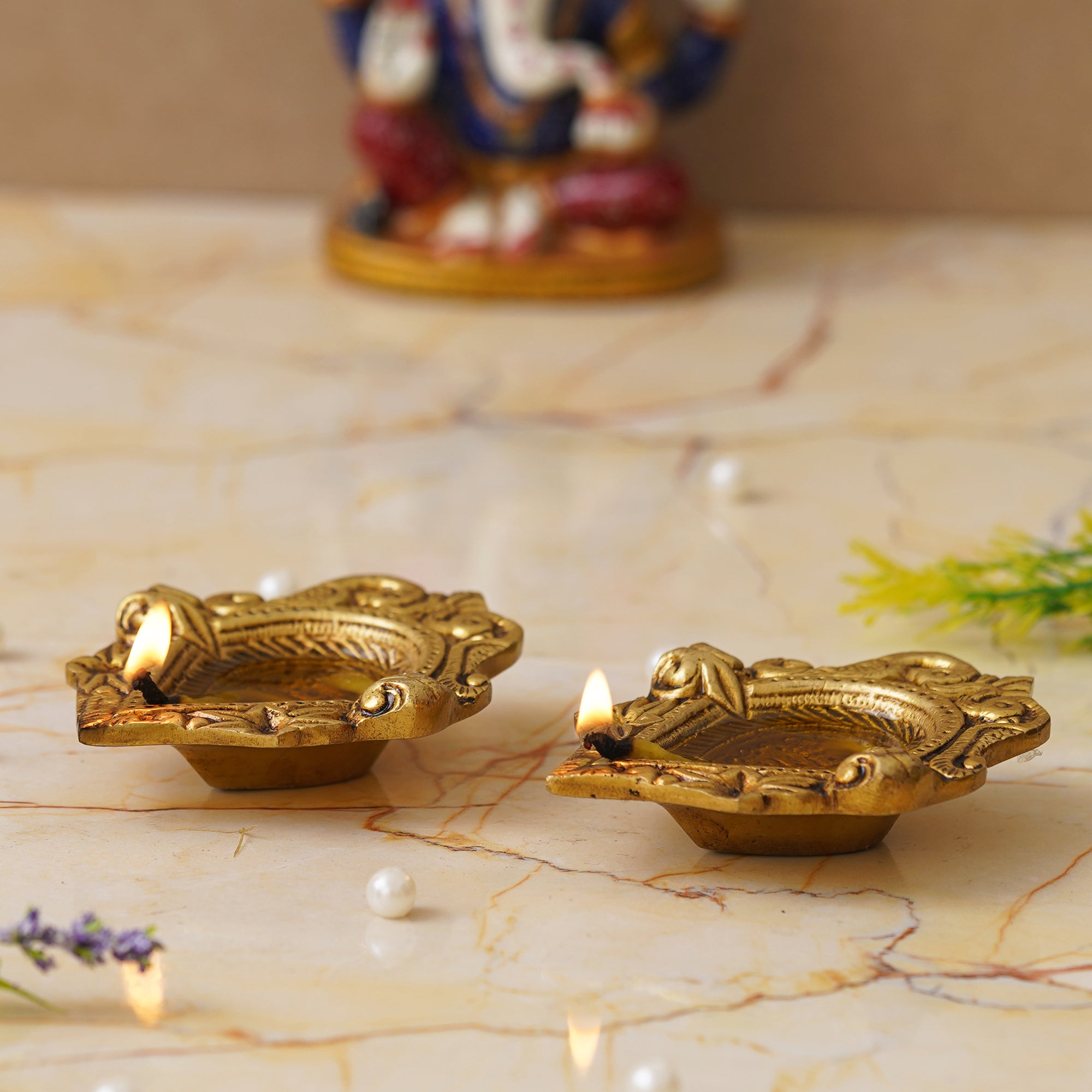 eCraftIndia Set of 2 Golden Handcrafted Traditional Decorative Brass Diyas 4