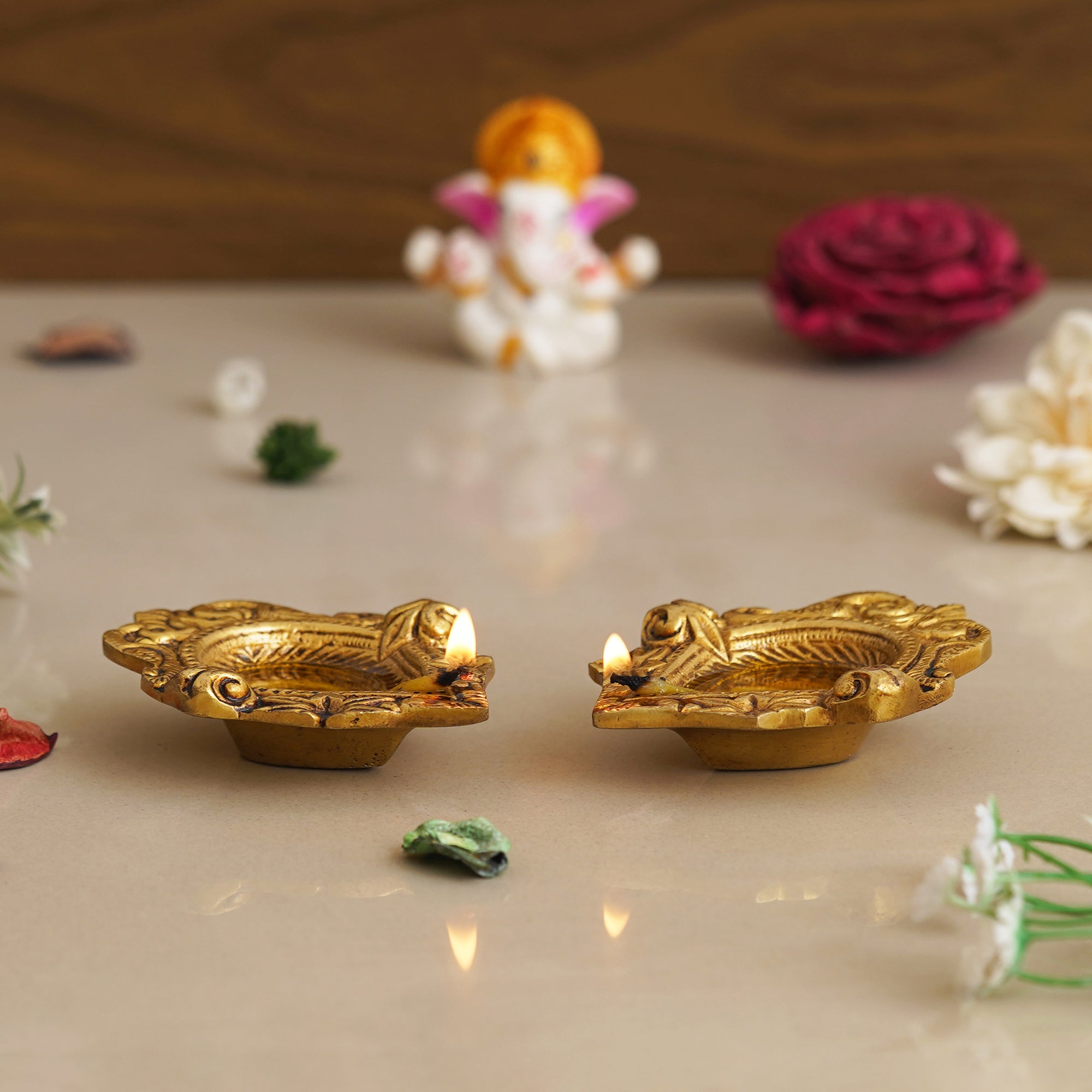 eCraftIndia Set of 2 Golden Handcrafted Traditional Decorative Brass Diyas 5