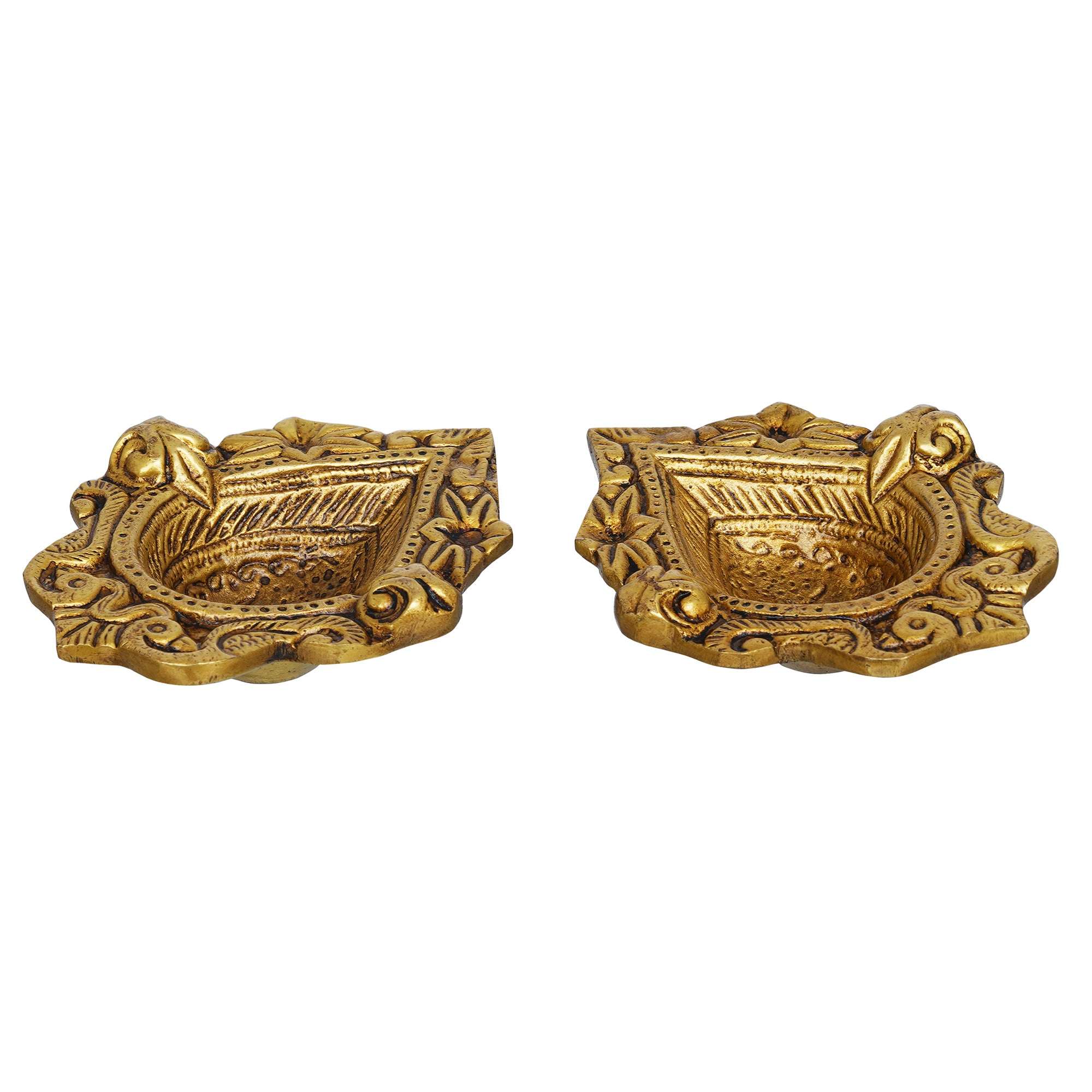 eCraftIndia Set of 2 Golden Handcrafted Traditional Decorative Brass Diyas 6