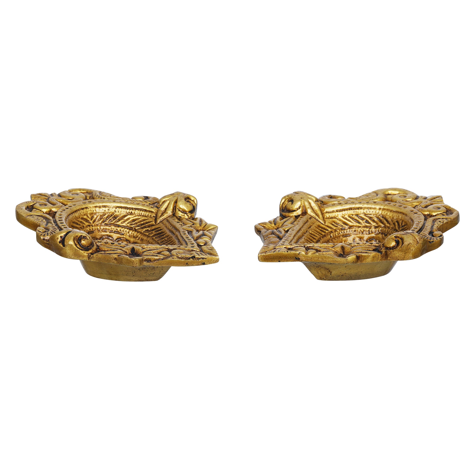 eCraftIndia Set of 2 Golden Handcrafted Traditional Decorative Brass Diyas 7