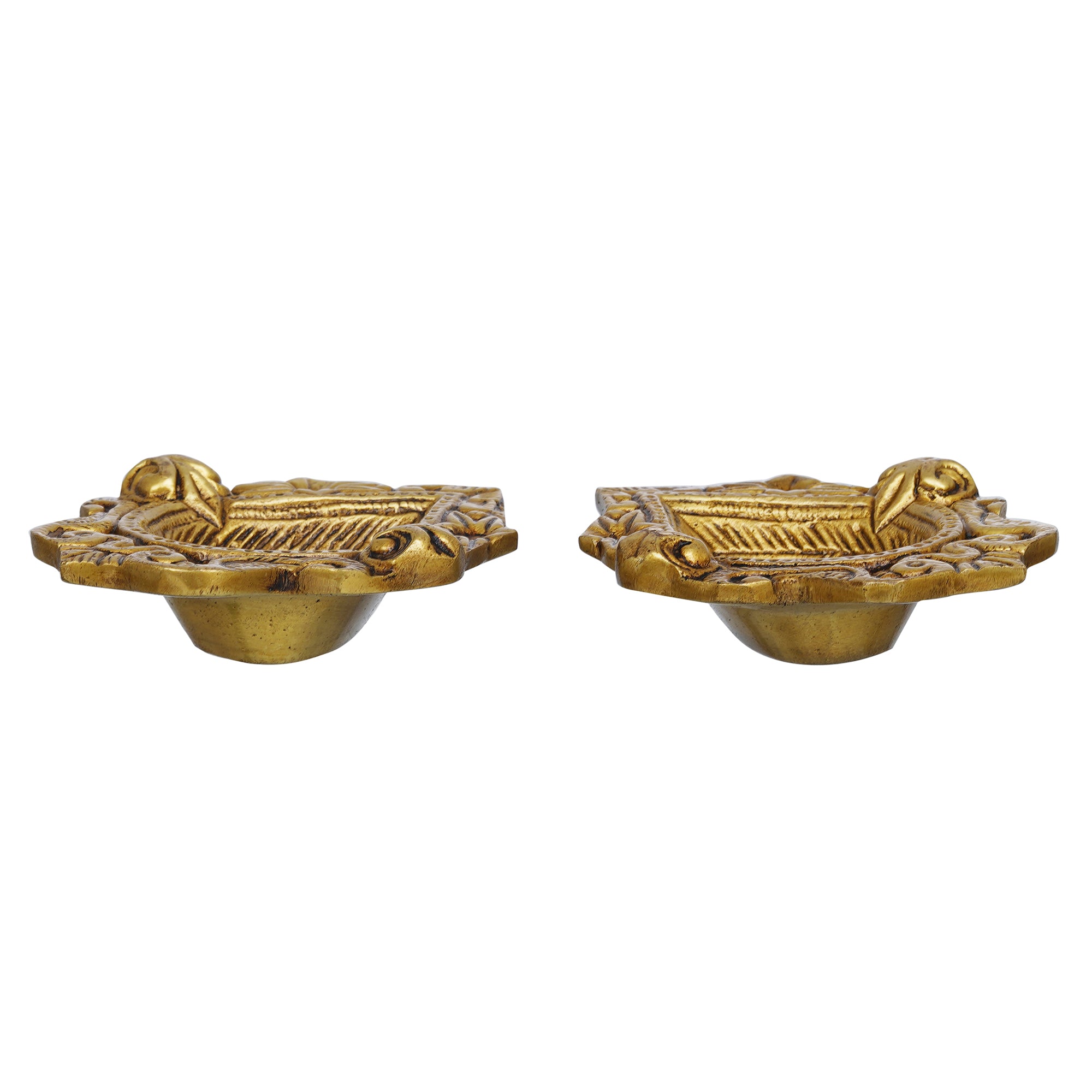 eCraftIndia Set of 2 Golden Handcrafted Traditional Decorative Brass Diyas 8