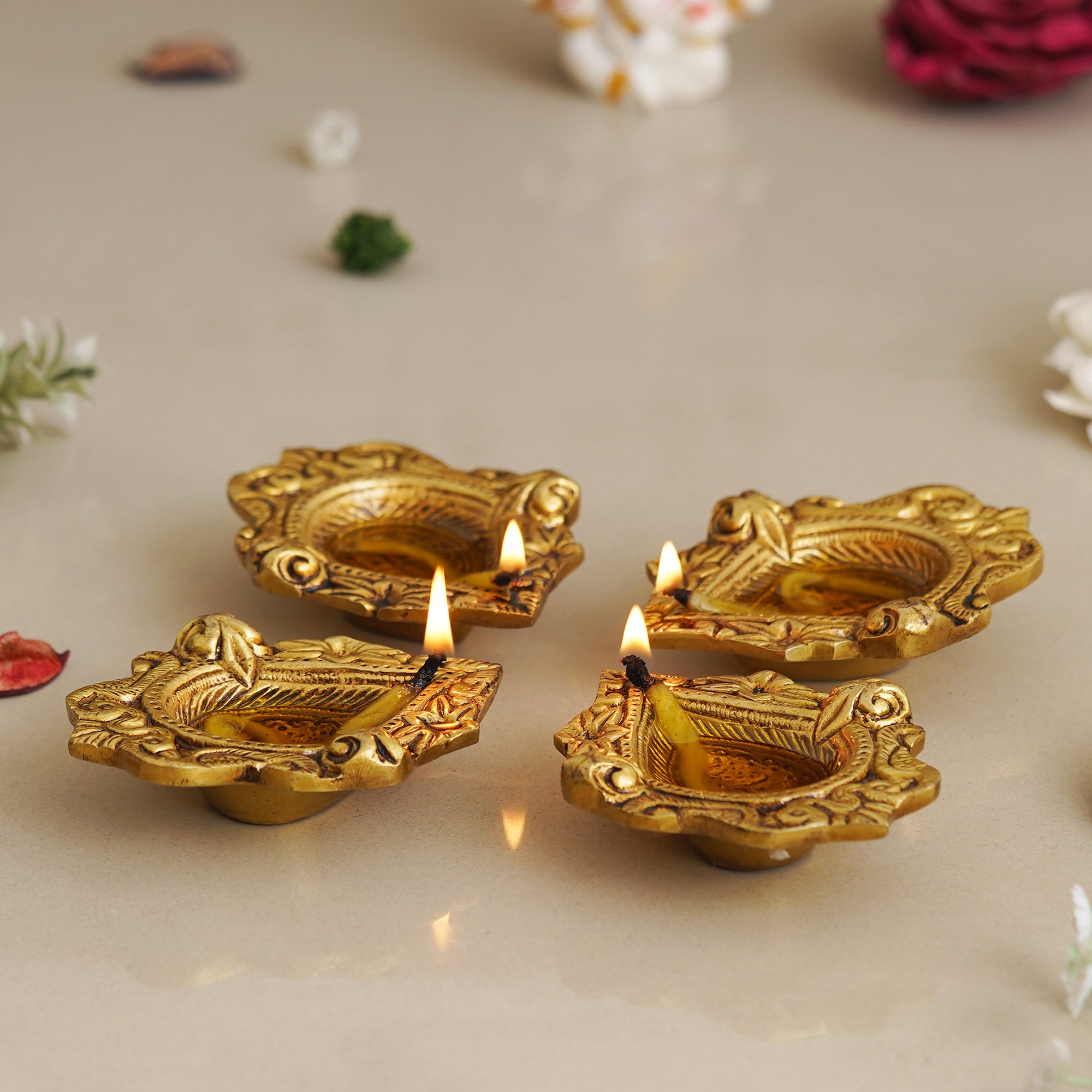 eCraftIndia Set of 4 Golden Handcrafted Traditional Decorative Brass Diyas