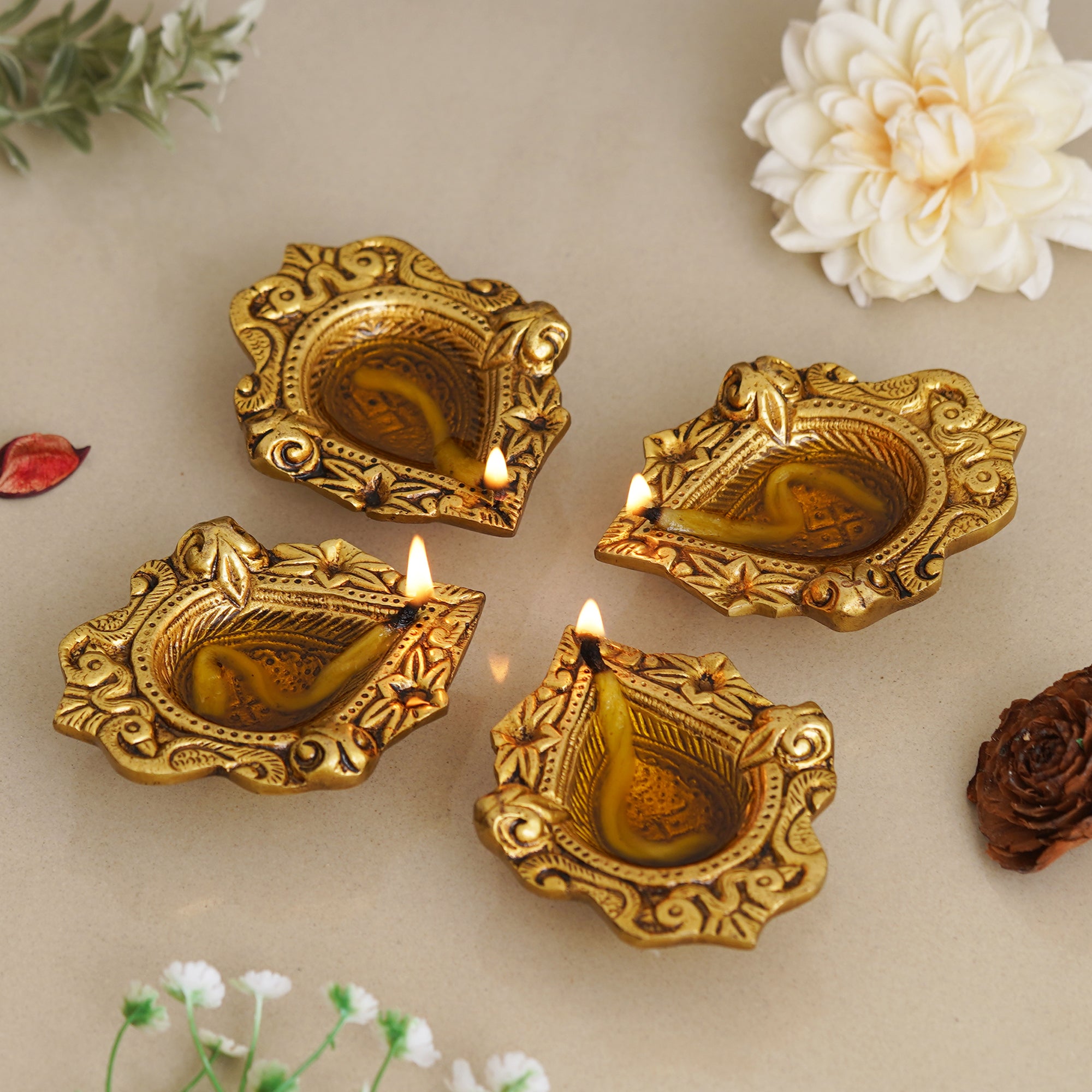 eCraftIndia Set of 4 Golden Handcrafted Traditional Decorative Brass Diyas 1