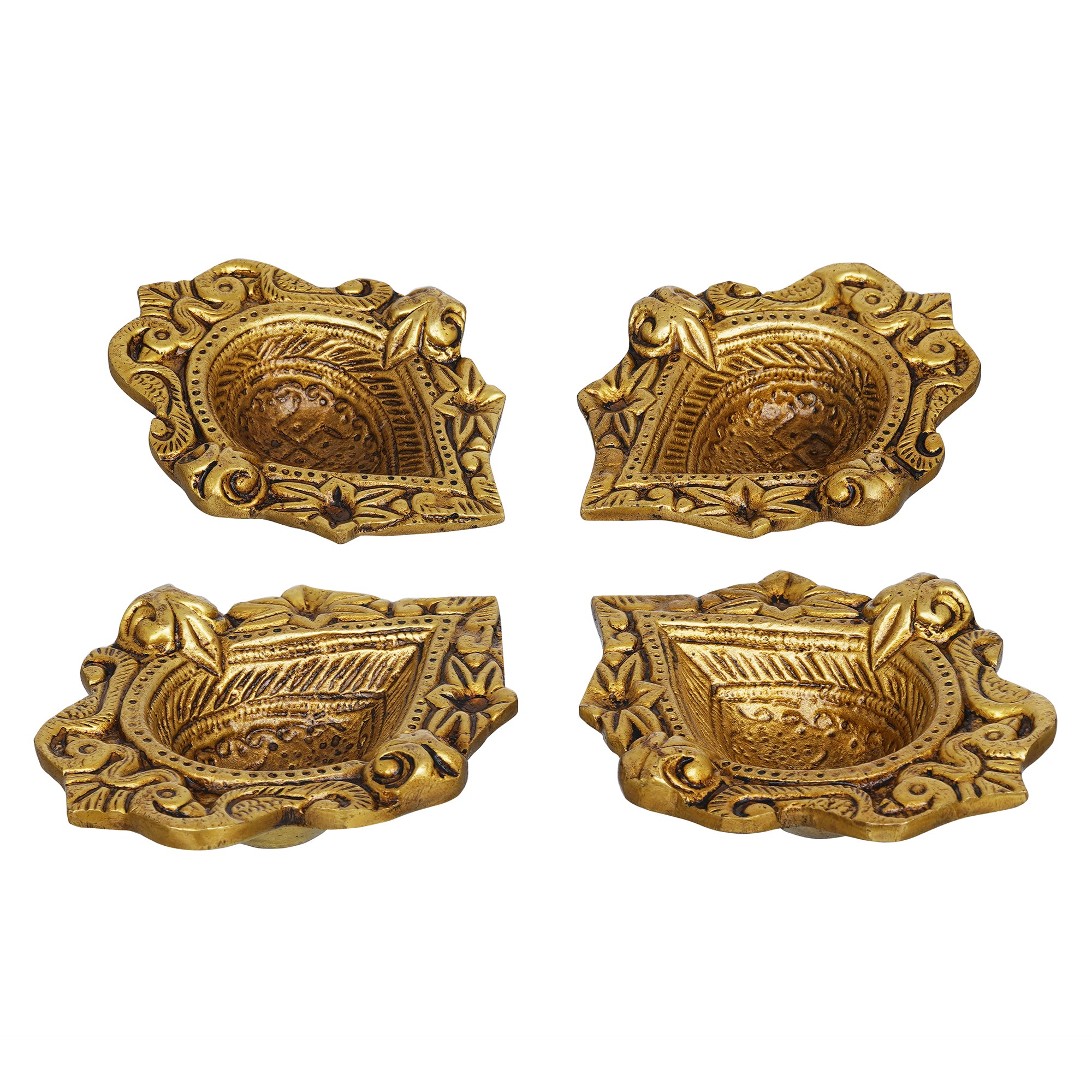 eCraftIndia Set of 4 Golden Handcrafted Traditional Decorative Brass Diyas 2