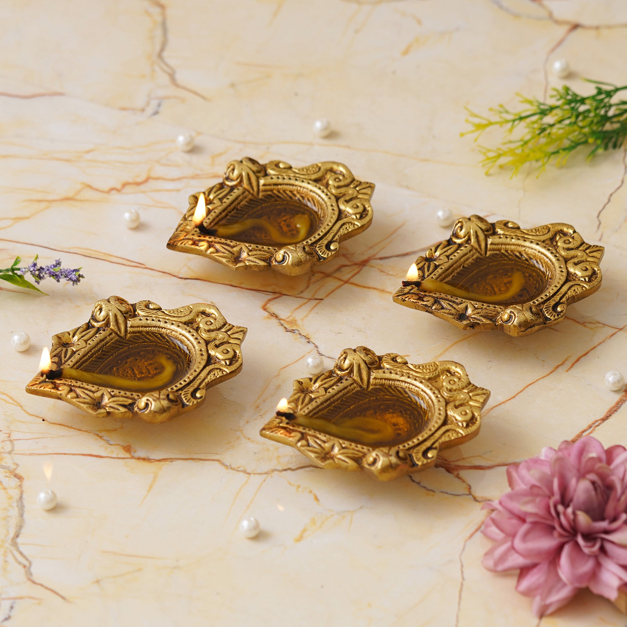 eCraftIndia Set of 4 Golden Handcrafted Traditional Decorative Brass Diyas 4