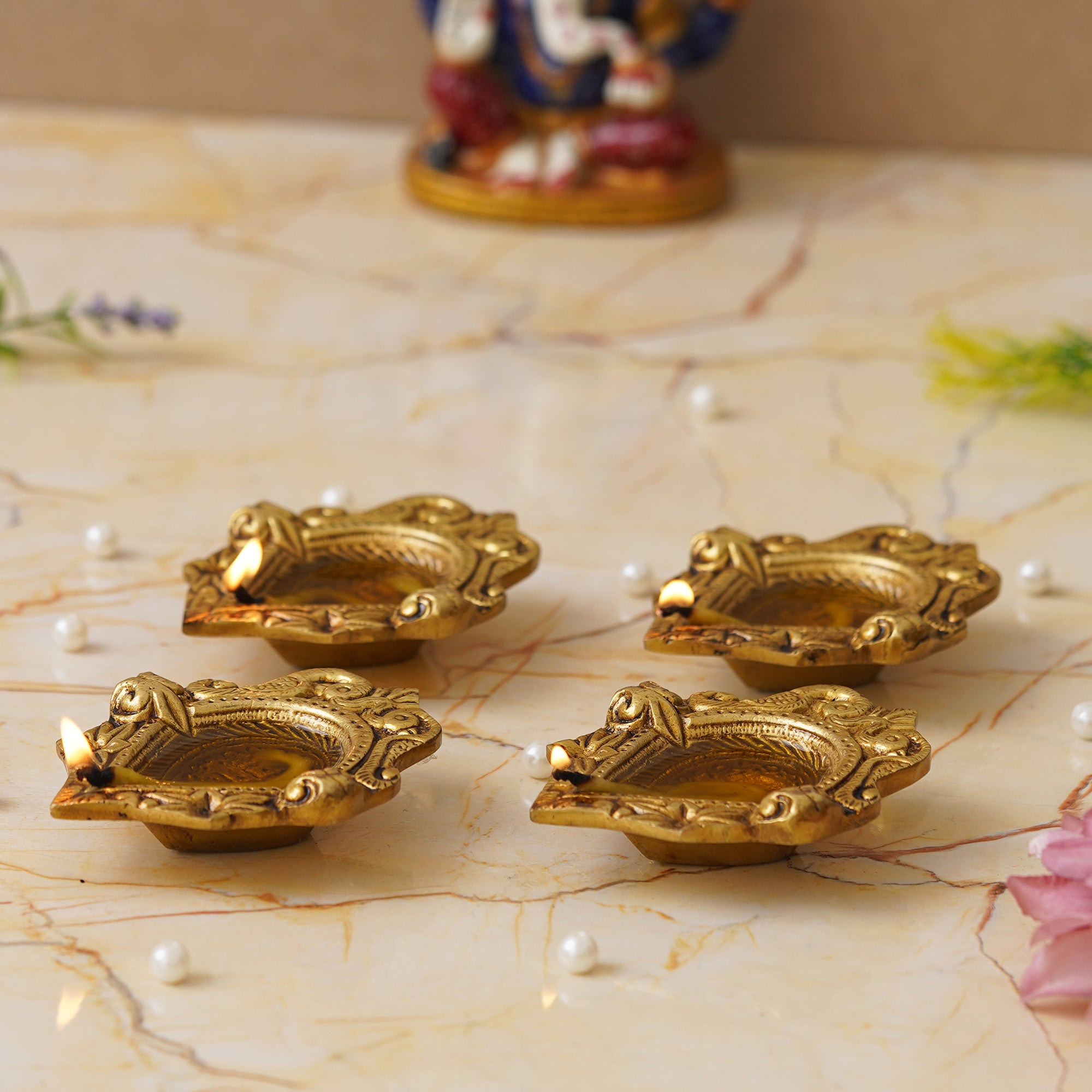 eCraftIndia Set of 4 Golden Handcrafted Traditional Decorative Brass Diyas 5
