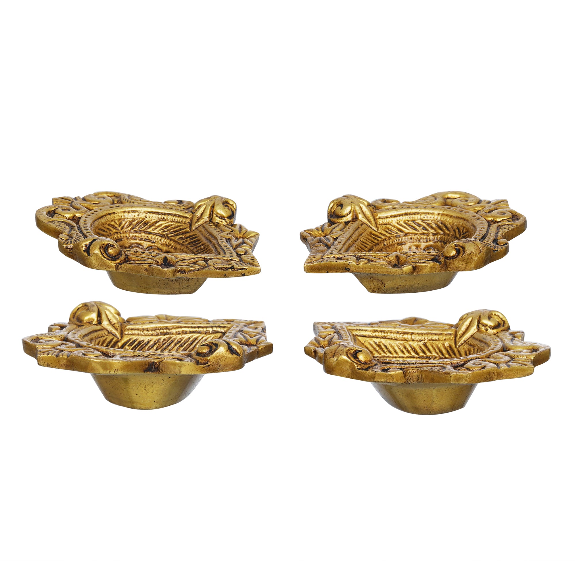 eCraftIndia Set of 4 Golden Handcrafted Traditional Decorative Brass Diyas 6