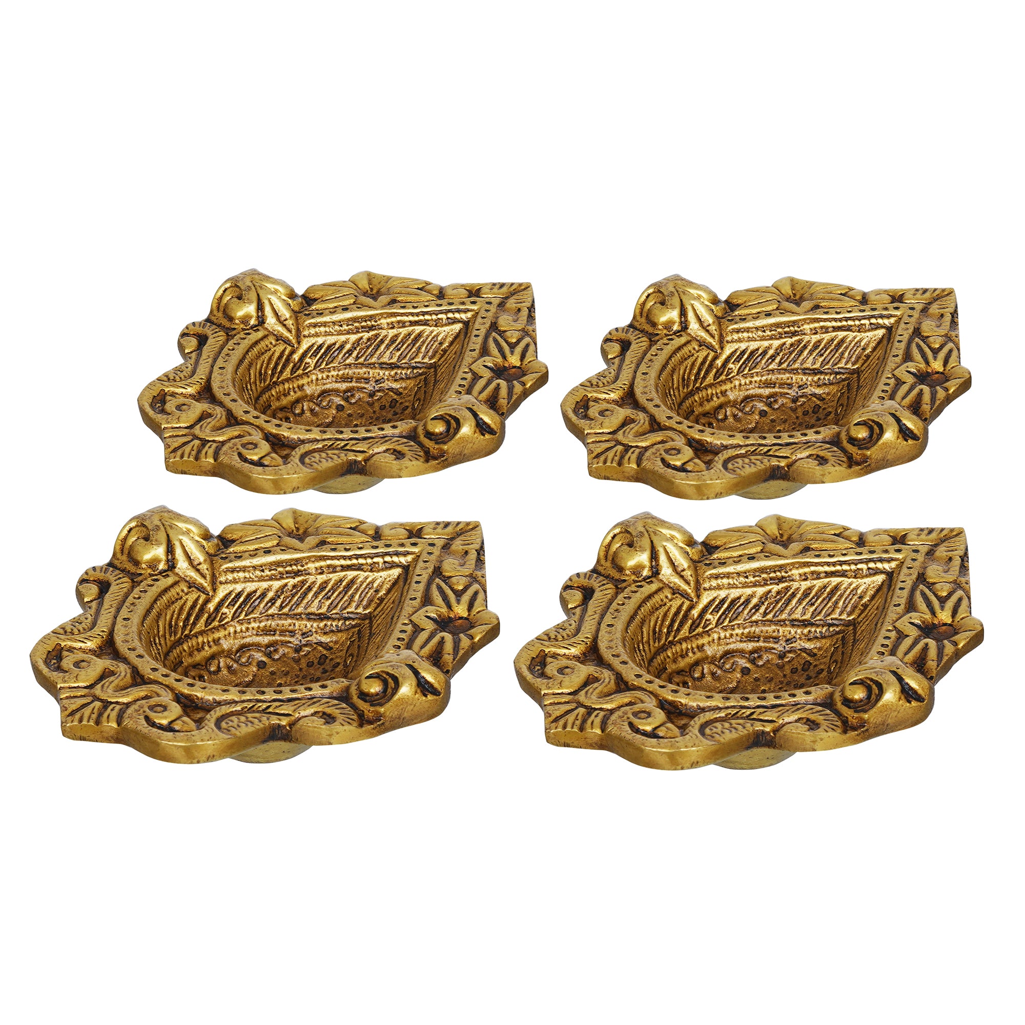 eCraftIndia Set of 4 Golden Handcrafted Traditional Decorative Brass Diyas 7