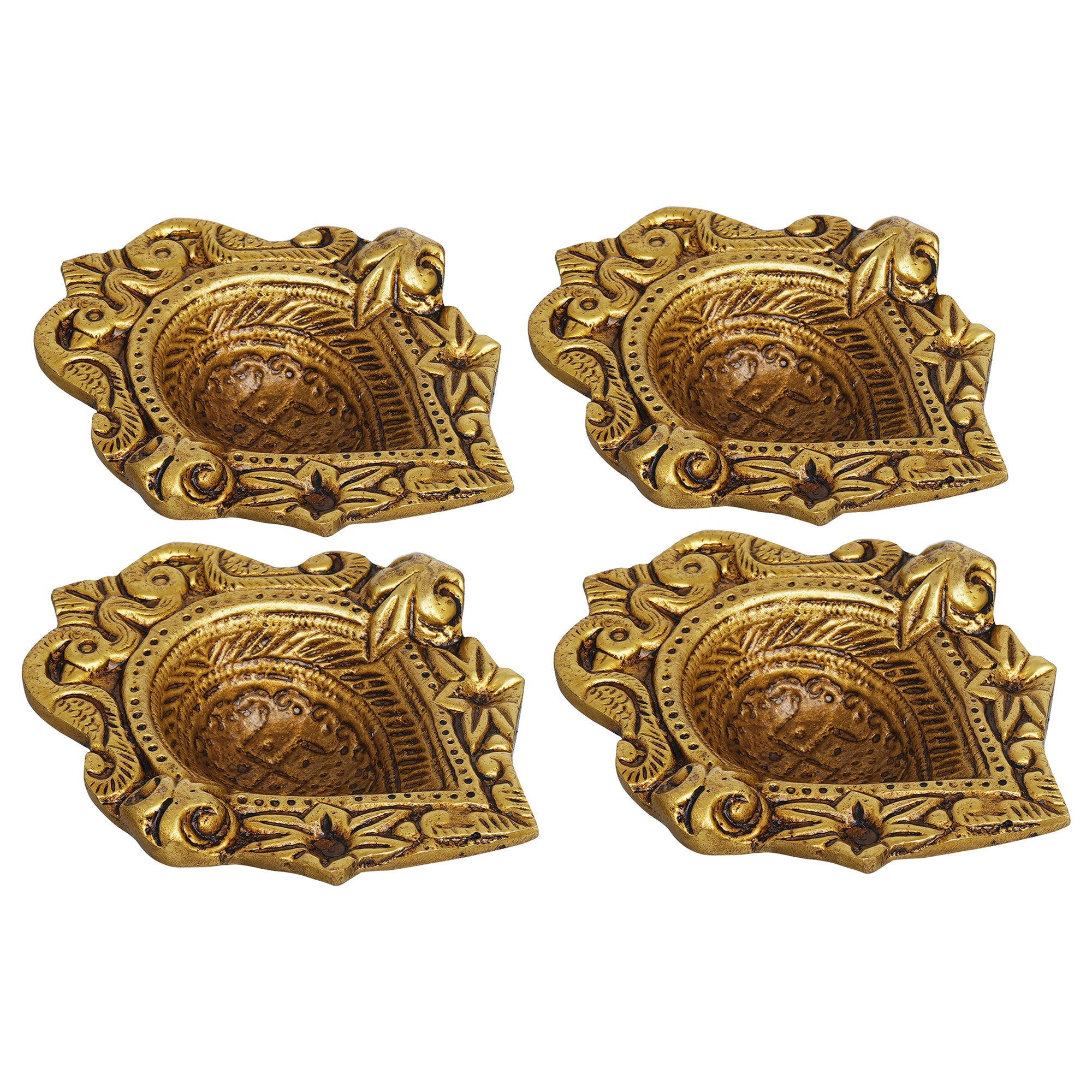 eCraftIndia Set of 4 Golden Handcrafted Traditional Decorative Brass Diyas 8