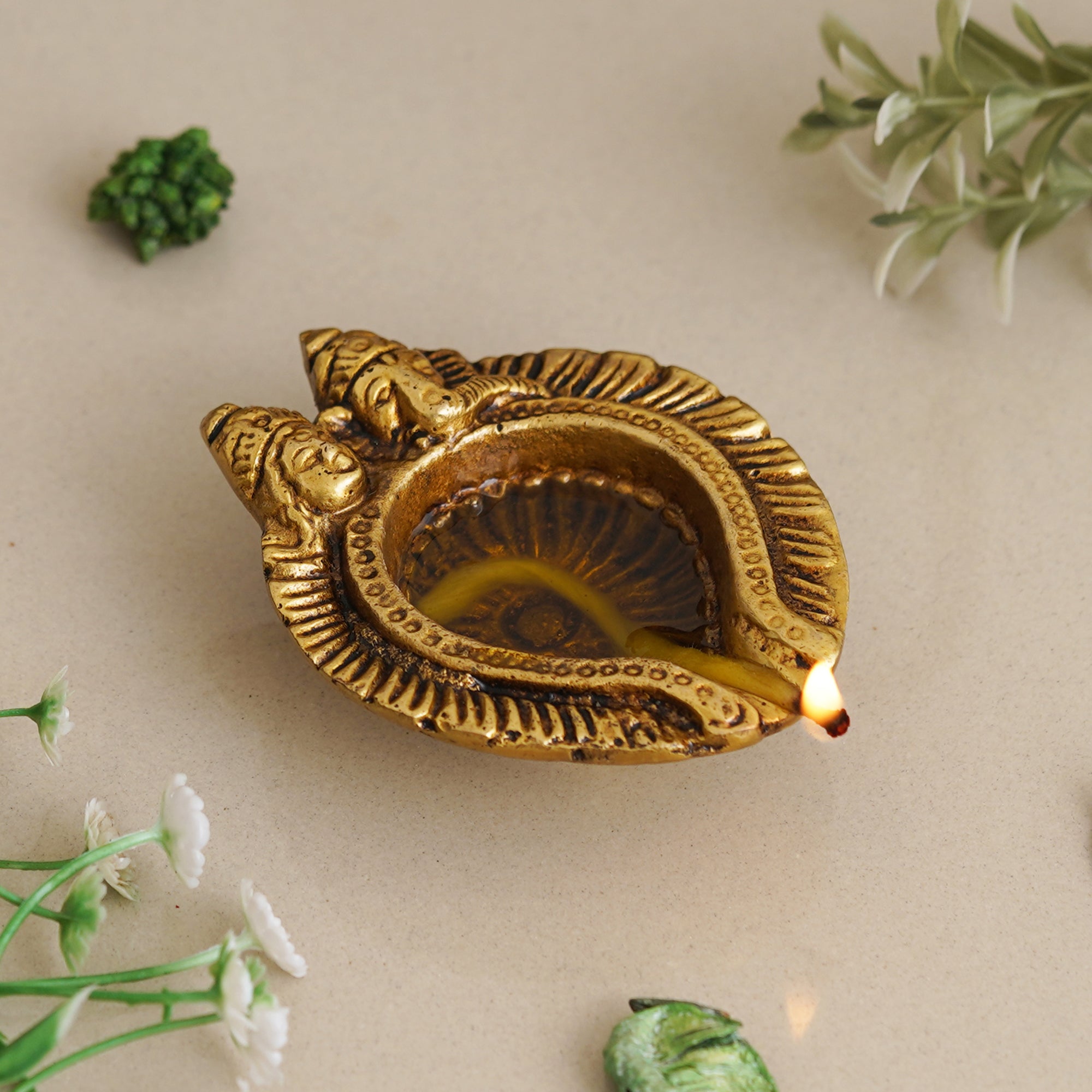 eCraftIndia Golden Handcrafted Goddess Lakshmi and Lord Ganesha Design Auspicious Brass Diya