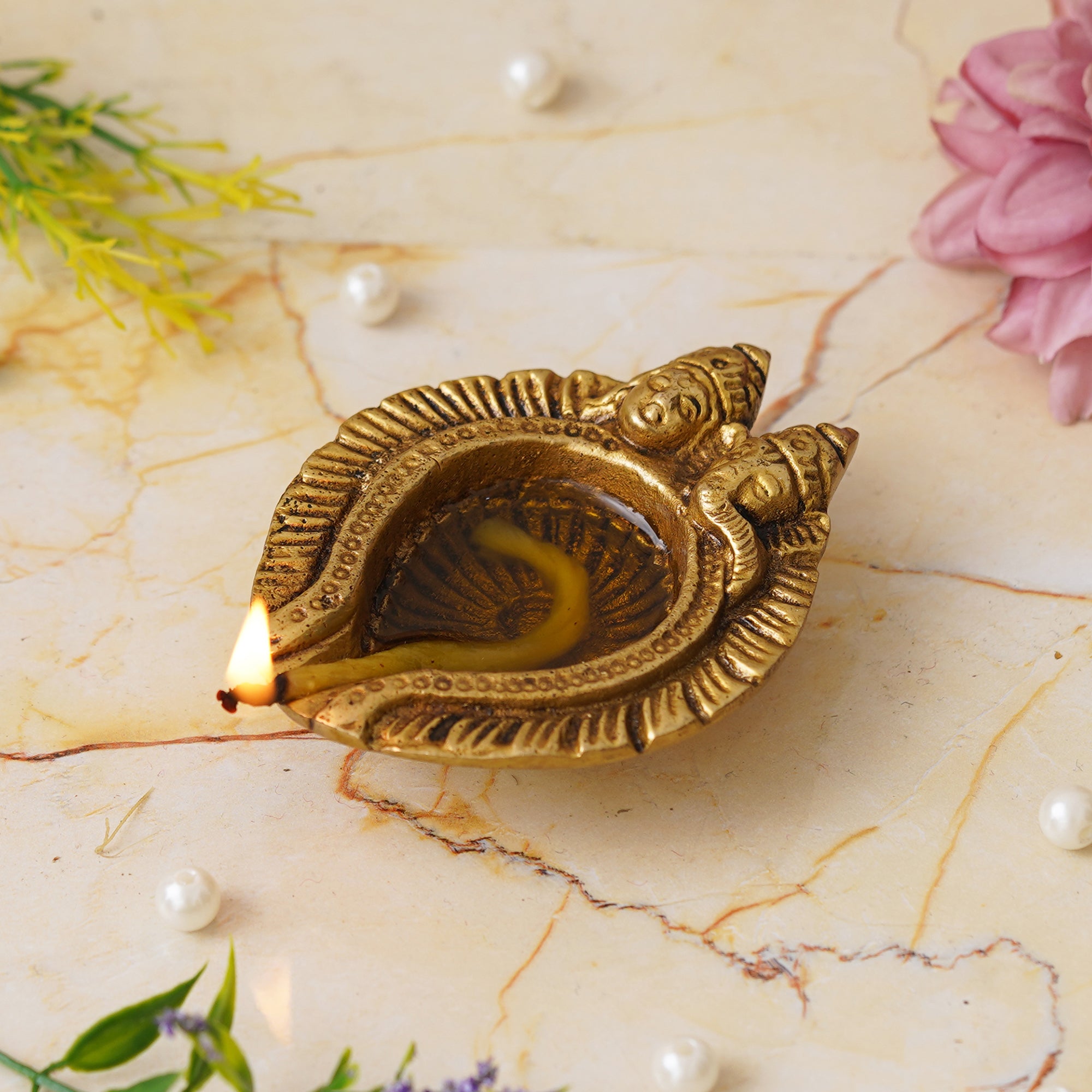 eCraftIndia Golden Handcrafted Goddess Lakshmi and Lord Ganesha Design Auspicious Brass Diya 1