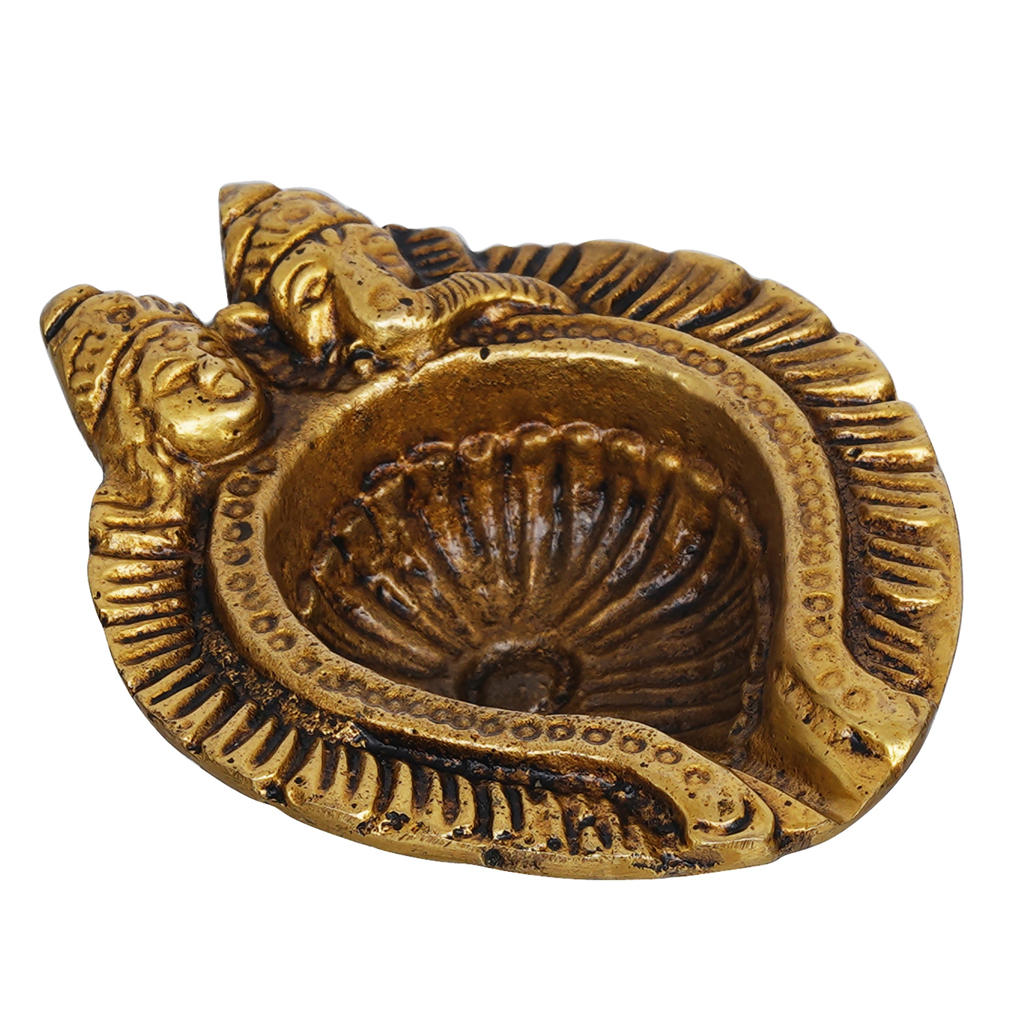 eCraftIndia Golden Handcrafted Goddess Lakshmi and Lord Ganesha Design Auspicious Brass Diya 2