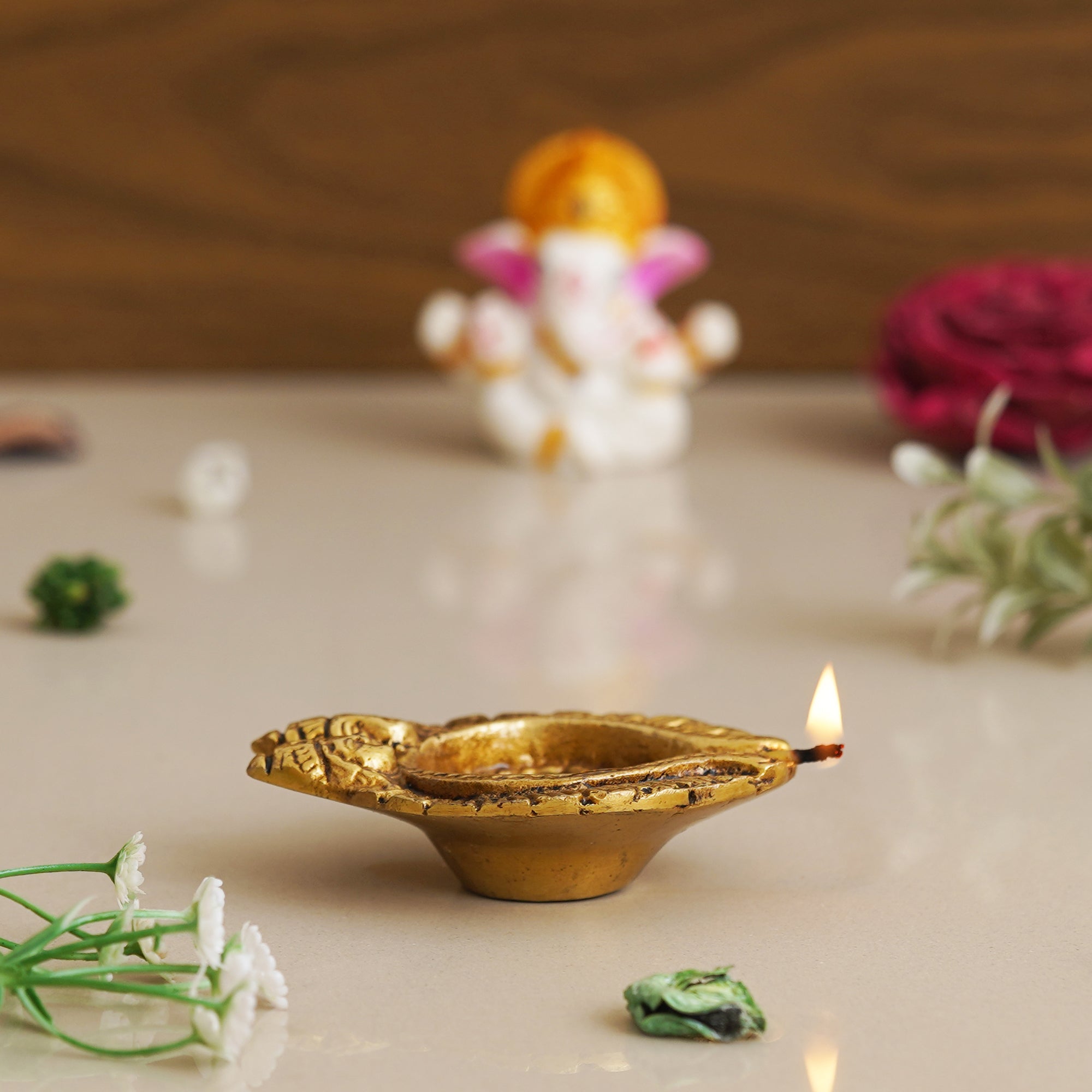 eCraftIndia Golden Handcrafted Goddess Lakshmi and Lord Ganesha Design Auspicious Brass Diya 7