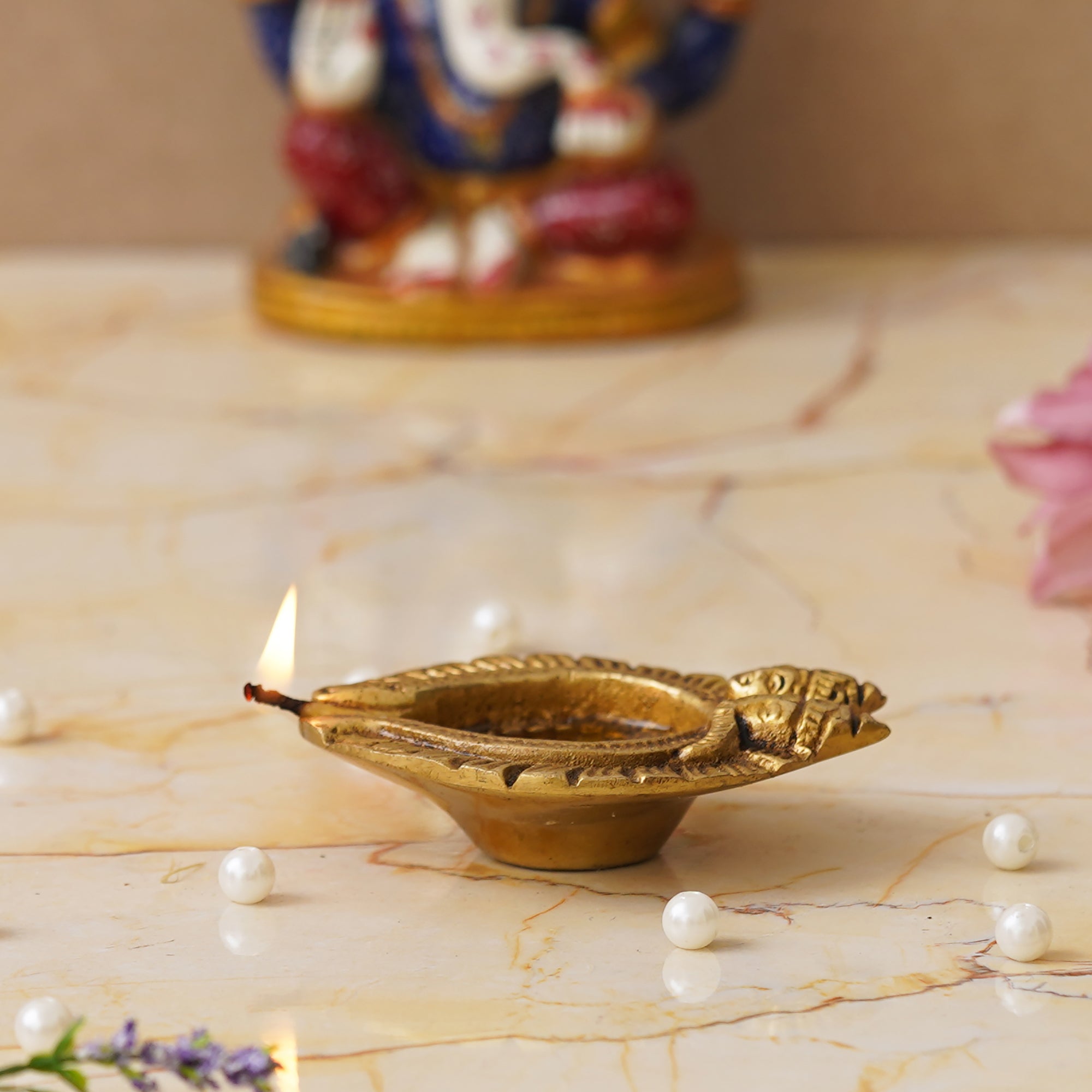 eCraftIndia Golden Handcrafted Goddess Lakshmi and Lord Ganesha Design Auspicious Brass Diya 8