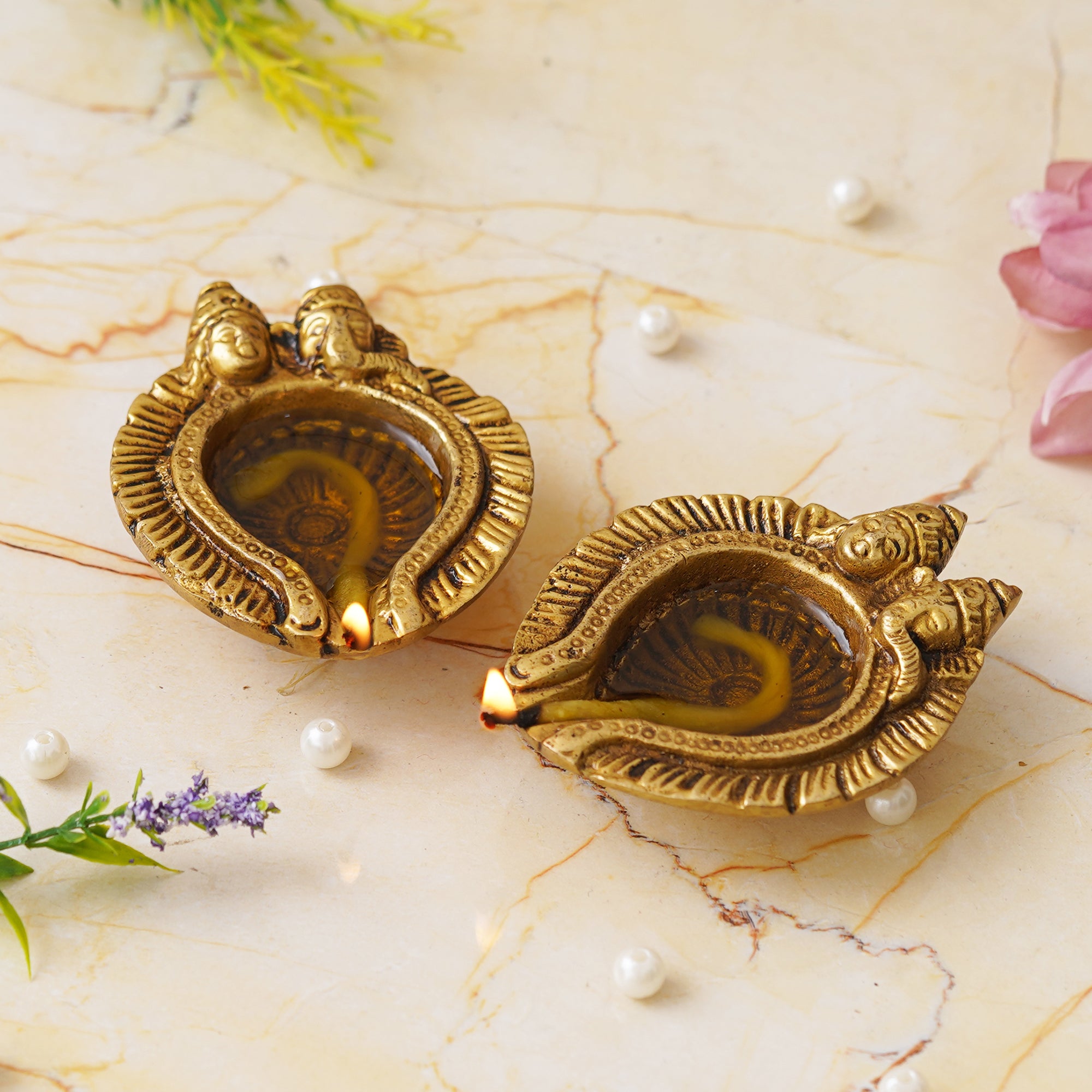 eCraftIndia Set of 2 Golden Handcrafted Goddess Lakshmi and Lord Ganesha Design Auspicious Brass Diyas