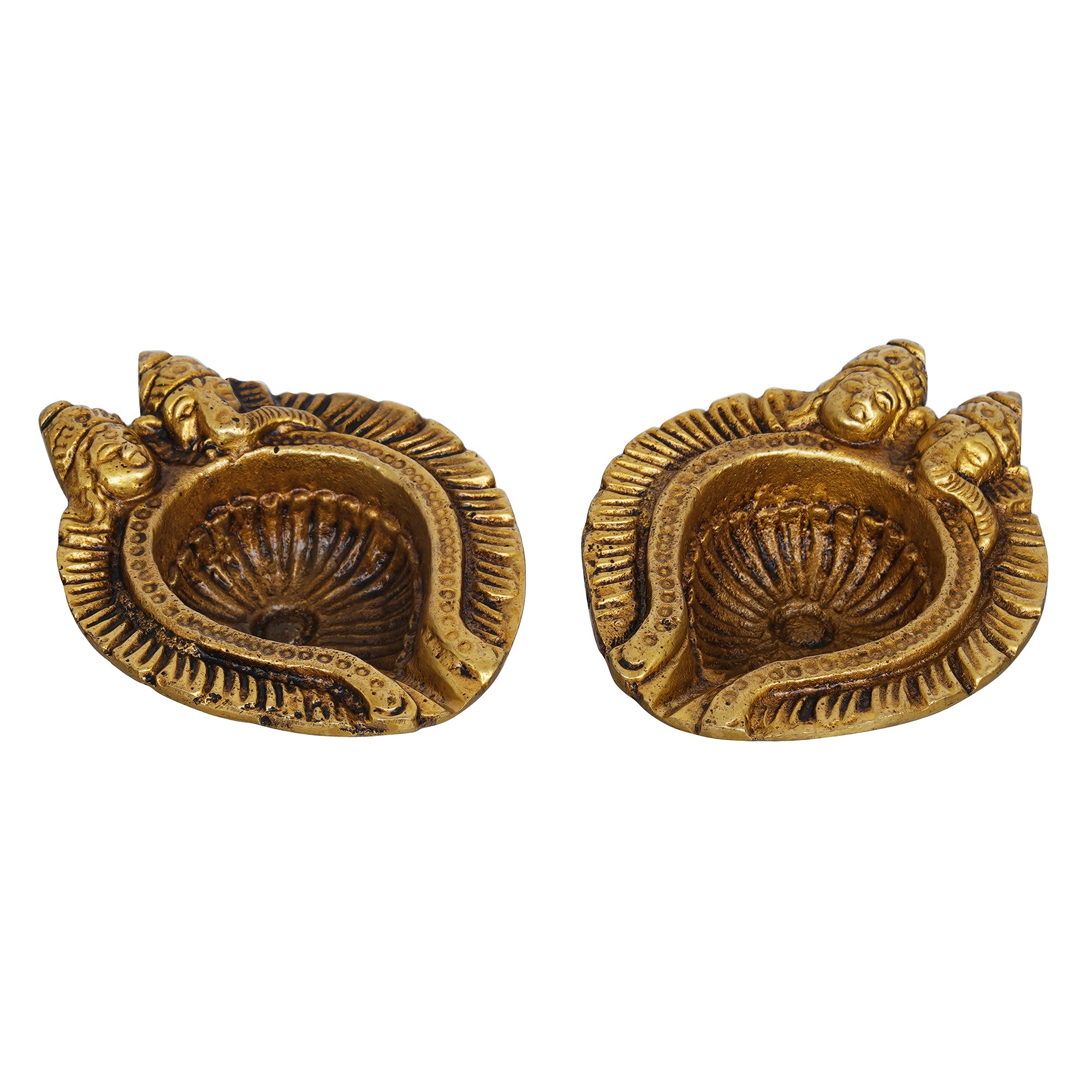 eCraftIndia Set of 2 Golden Handcrafted Goddess Lakshmi and Lord Ganesha Design Auspicious Brass Diyas 2