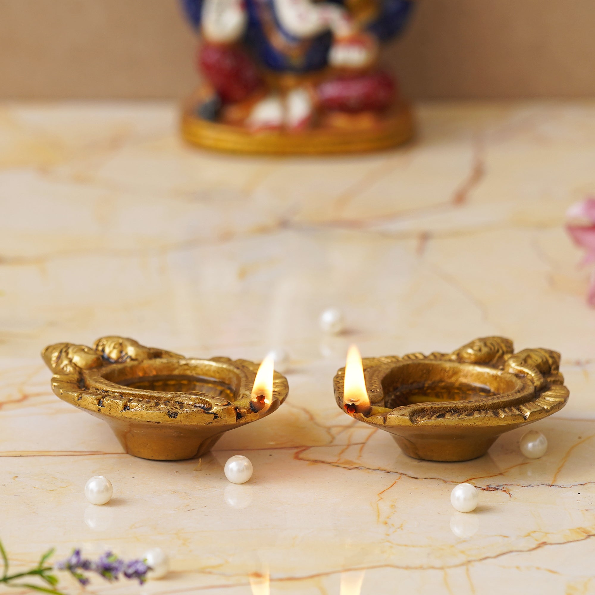 eCraftIndia Set of 2 Golden Handcrafted Goddess Lakshmi and Lord Ganesha Design Auspicious Brass Diyas 8