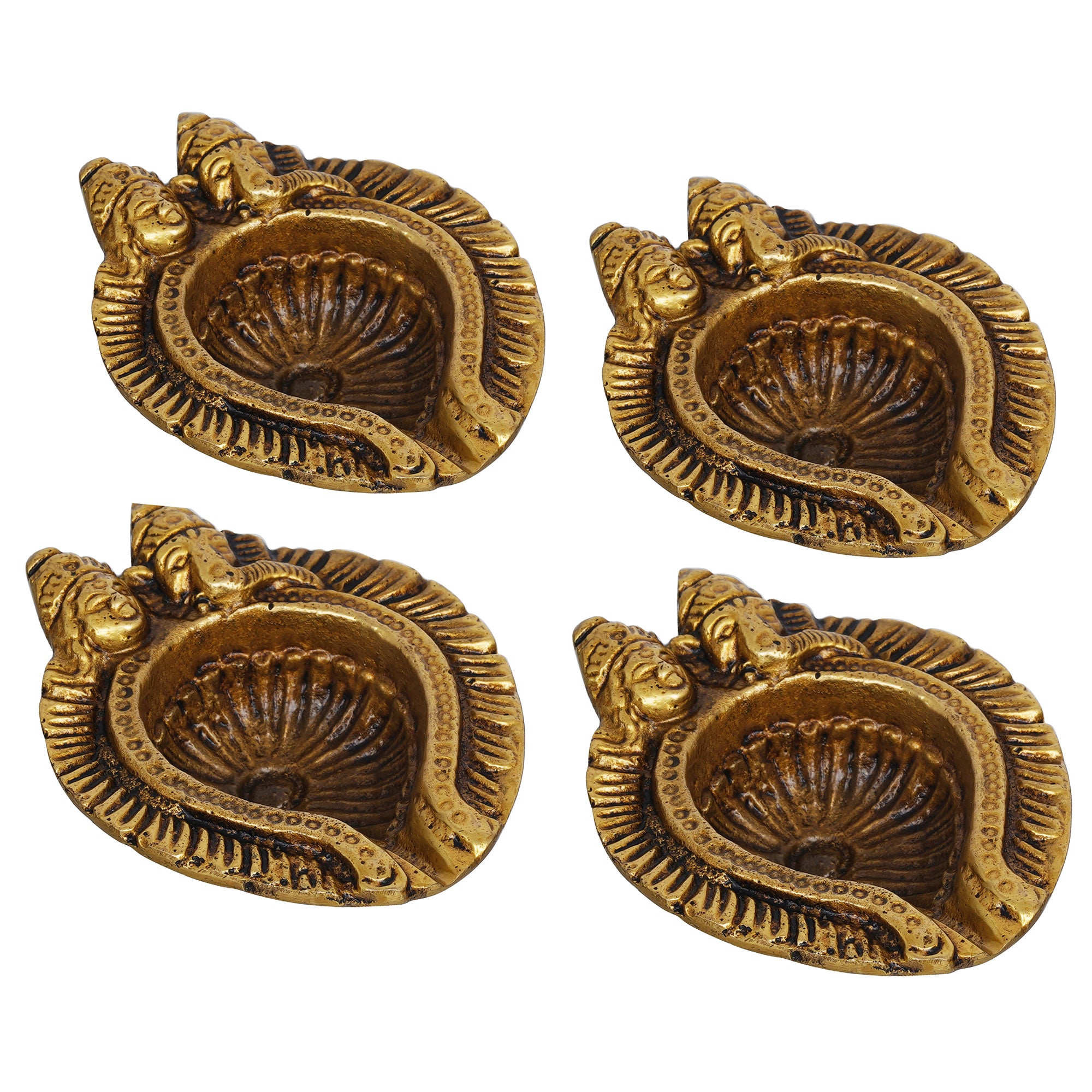 eCraftIndia Set of 4 Golden Handcrafted Goddess Lakshmi and Lord Ganesha Design Auspicious Brass Diyas 2