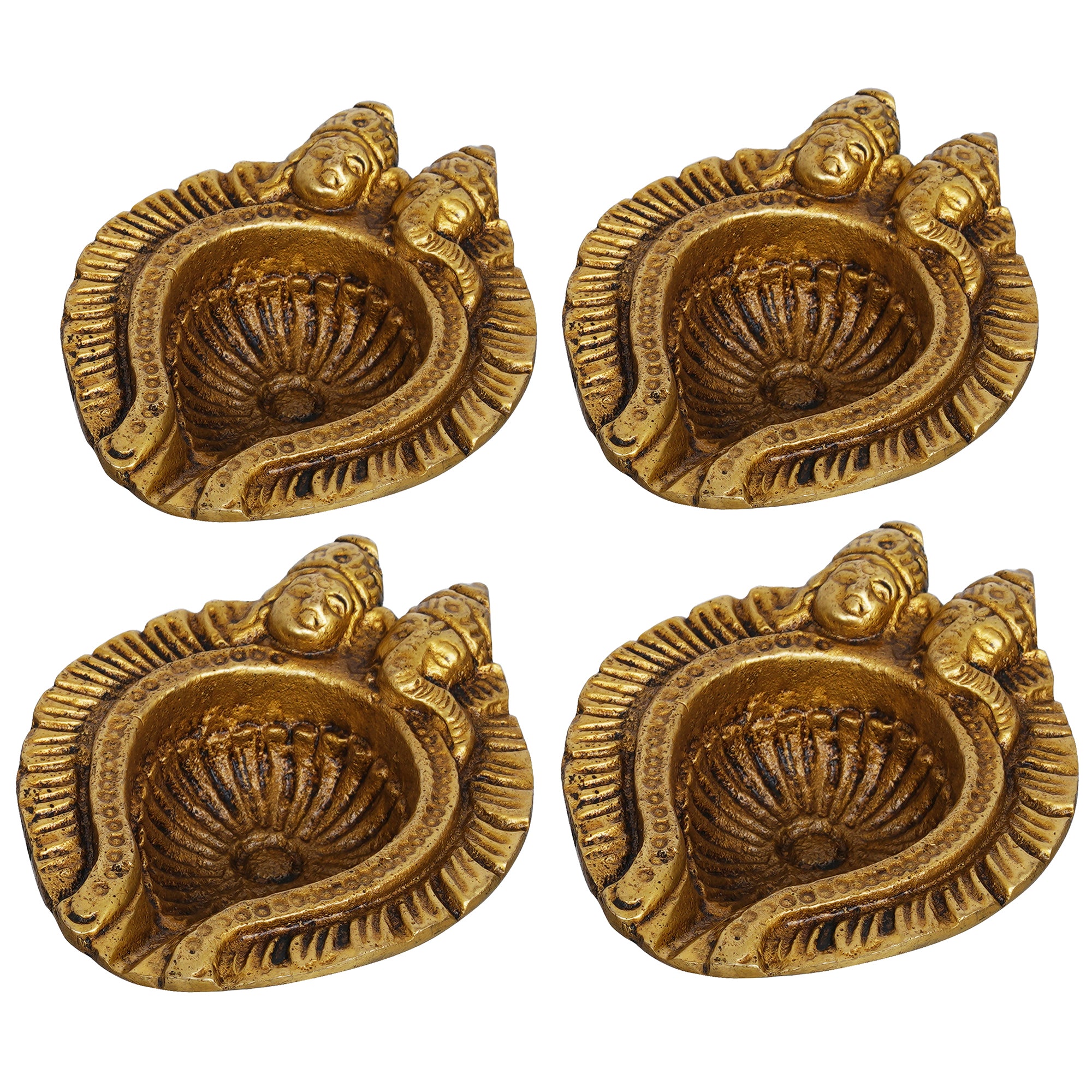 eCraftIndia Set of 4 Golden Handcrafted Goddess Lakshmi and Lord Ganesha Design Auspicious Brass Diyas 6
