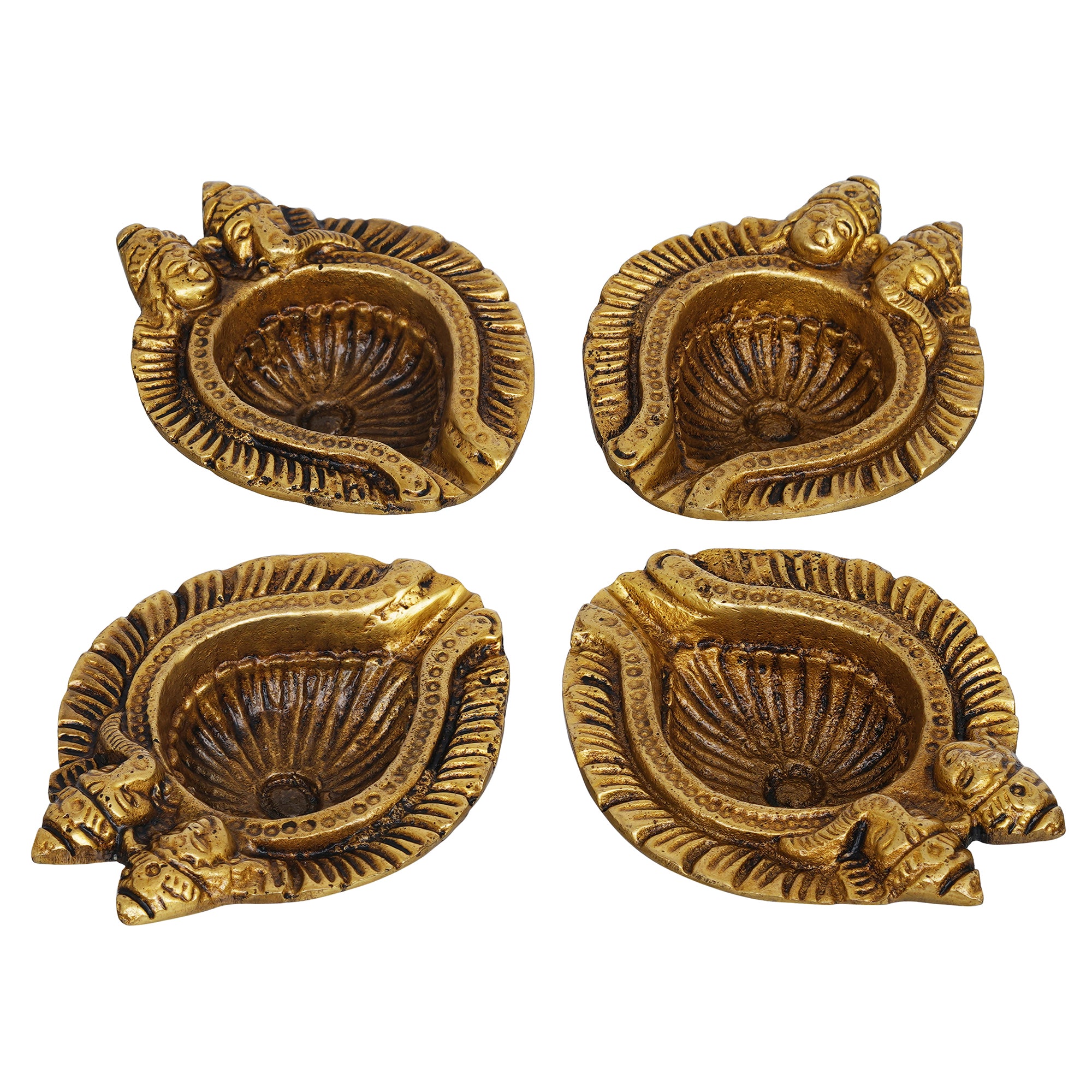 eCraftIndia Set of 4 Golden Handcrafted Goddess Lakshmi and Lord Ganesha Design Auspicious Brass Diyas 7