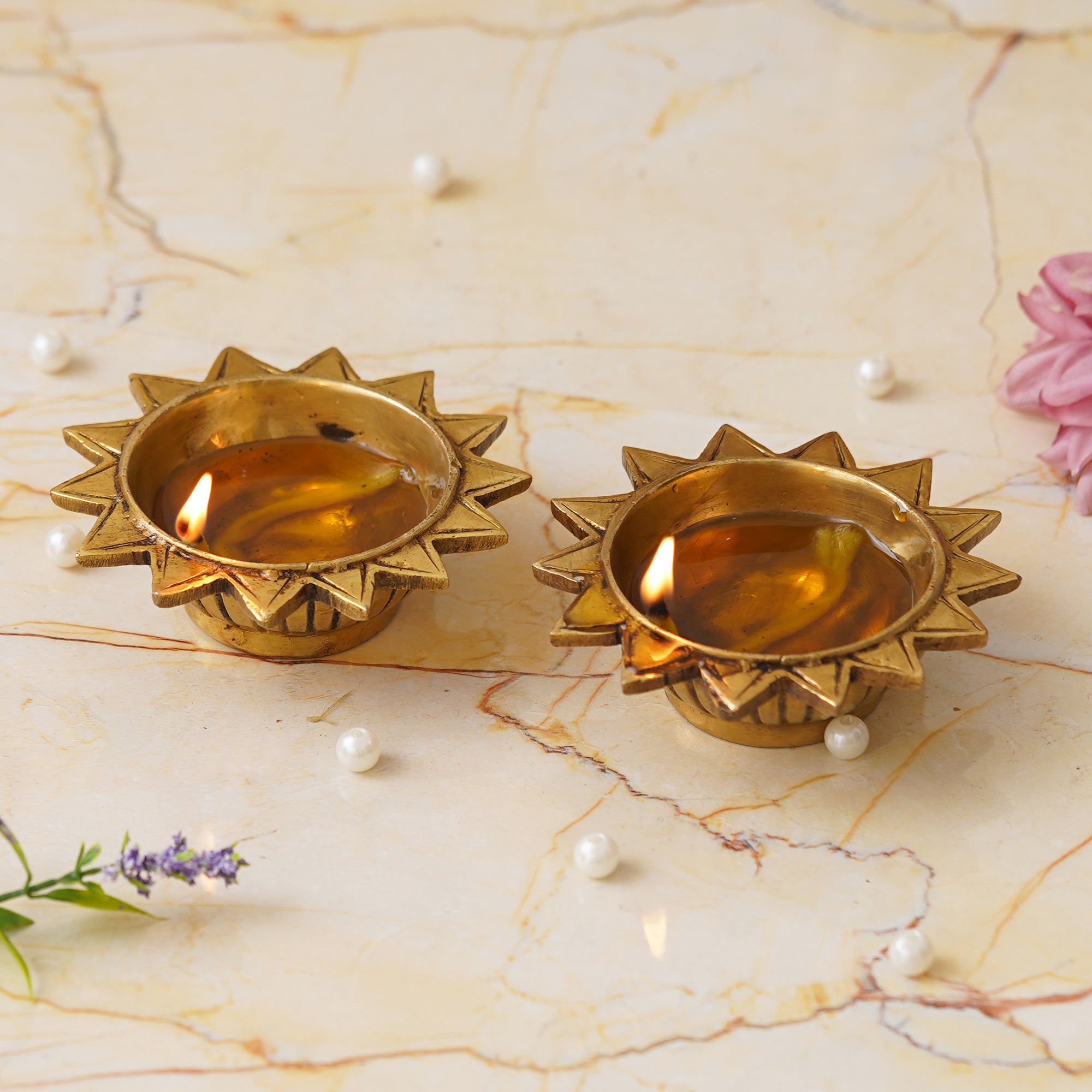 eCraftIndia Set of 2 Golden Sun Shaped Decorative Brass Diyas 1
