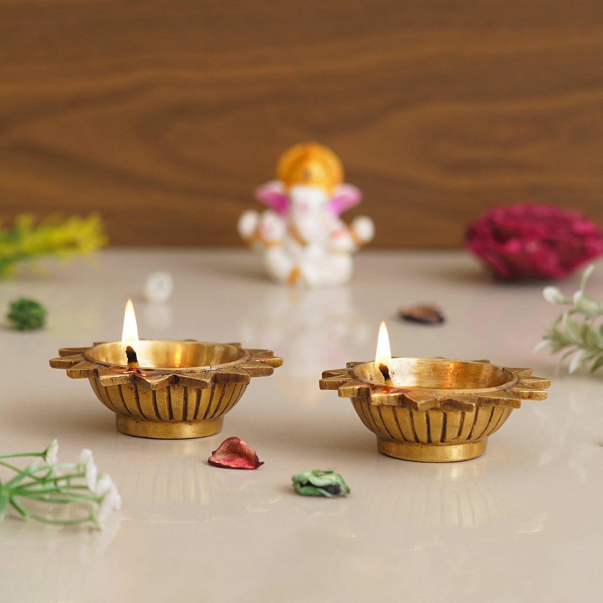eCraftIndia Set of 2 Golden Sun Shaped Decorative Brass Diyas 4