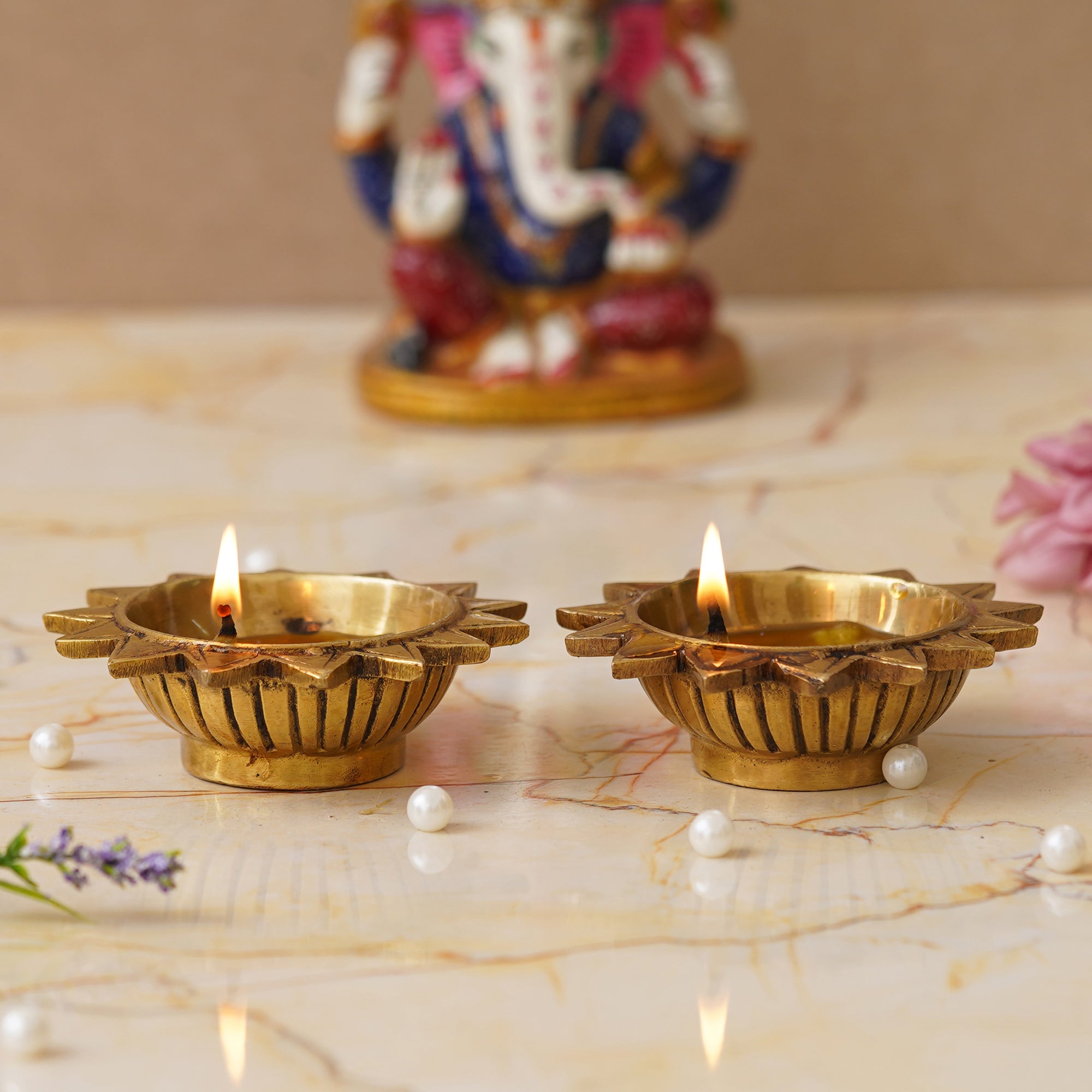 eCraftIndia Set of 2 Golden Sun Shaped Decorative Brass Diyas 5