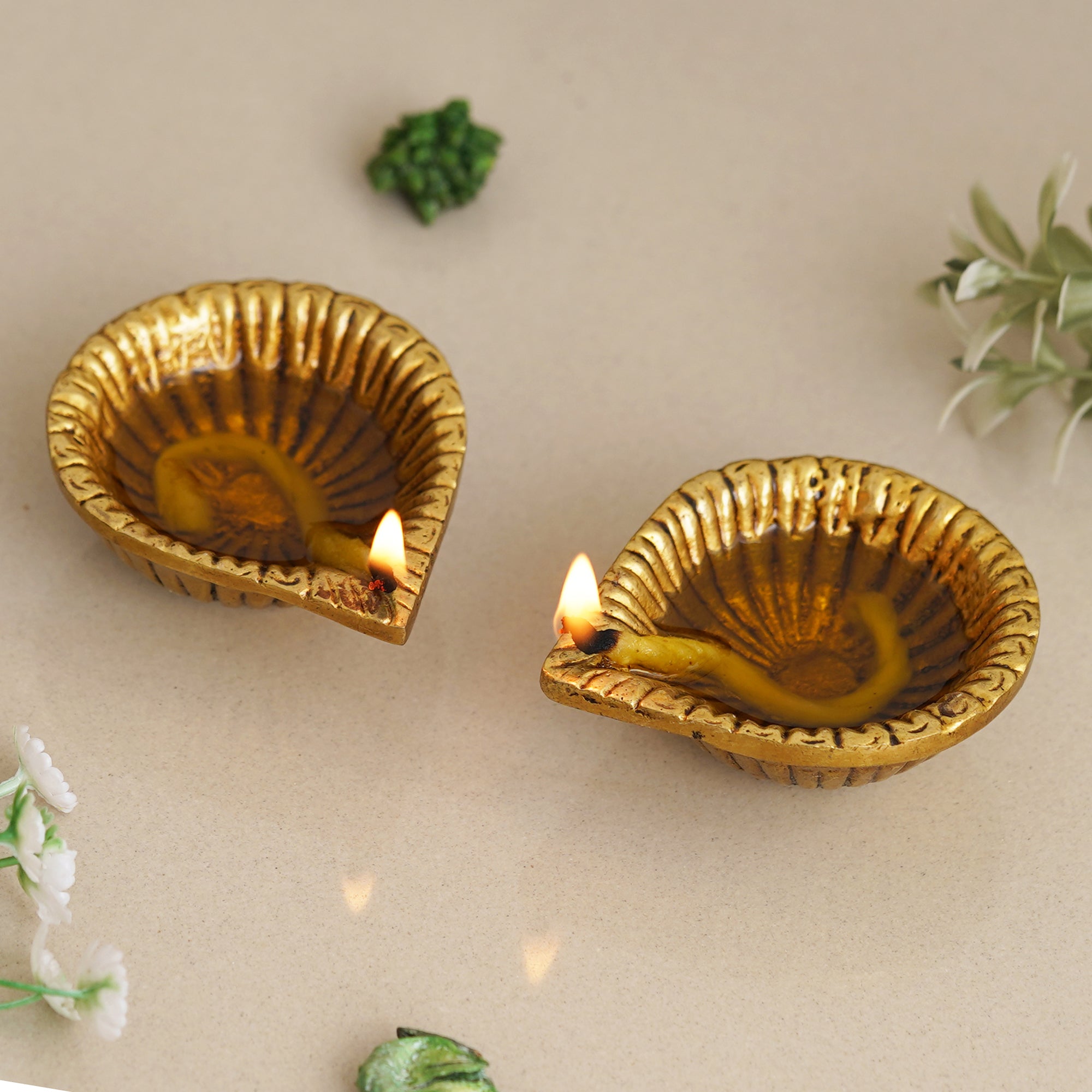 eCraftIndia Set of 2 Golden Handcrafted Decorative Brass Diyas