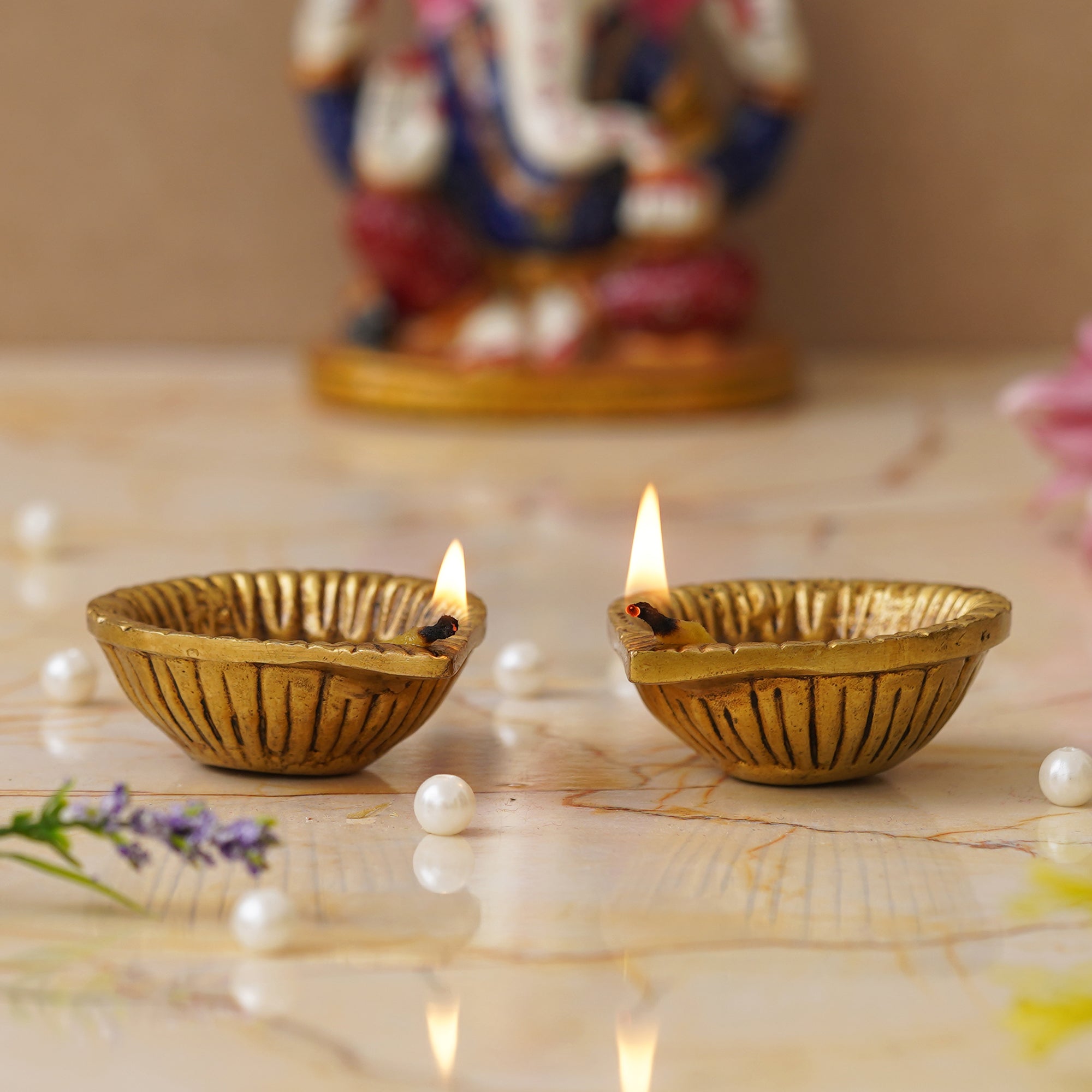 eCraftIndia Set of 2 Golden Handcrafted Decorative Brass Diyas 4