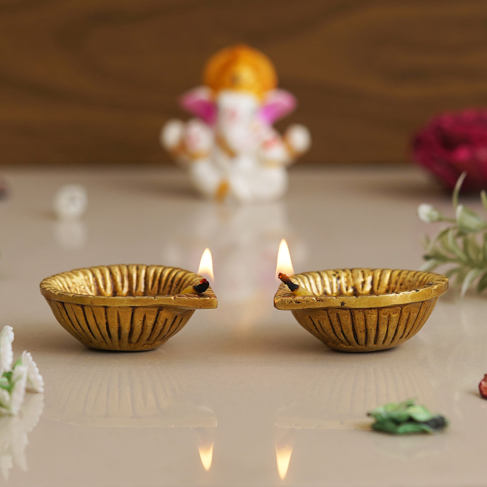 eCraftIndia Set of 2 Golden Handcrafted Decorative Brass Diyas 5