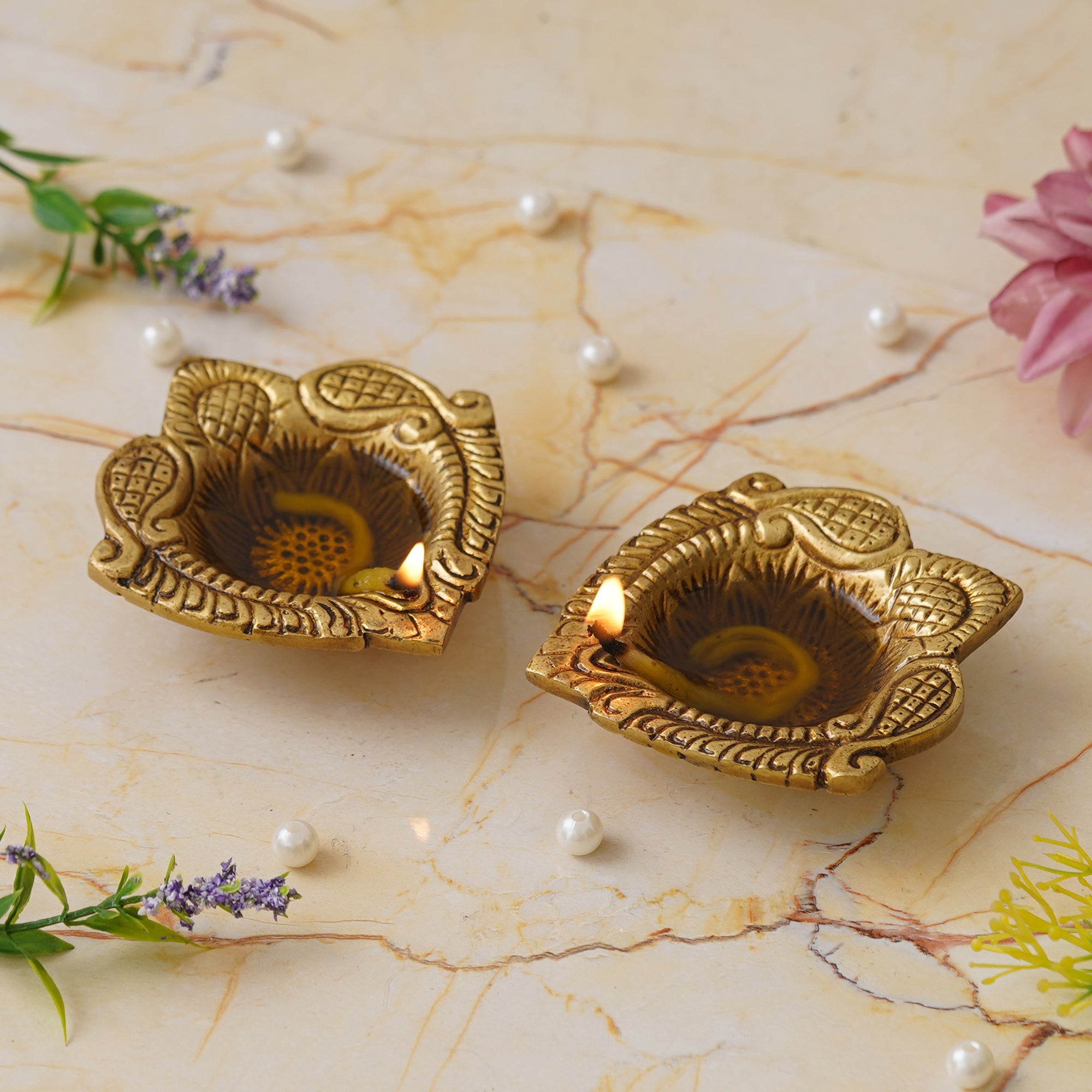 eCraftIndia Set of 2 Golden Handcrafted Decorative Brass Diyas