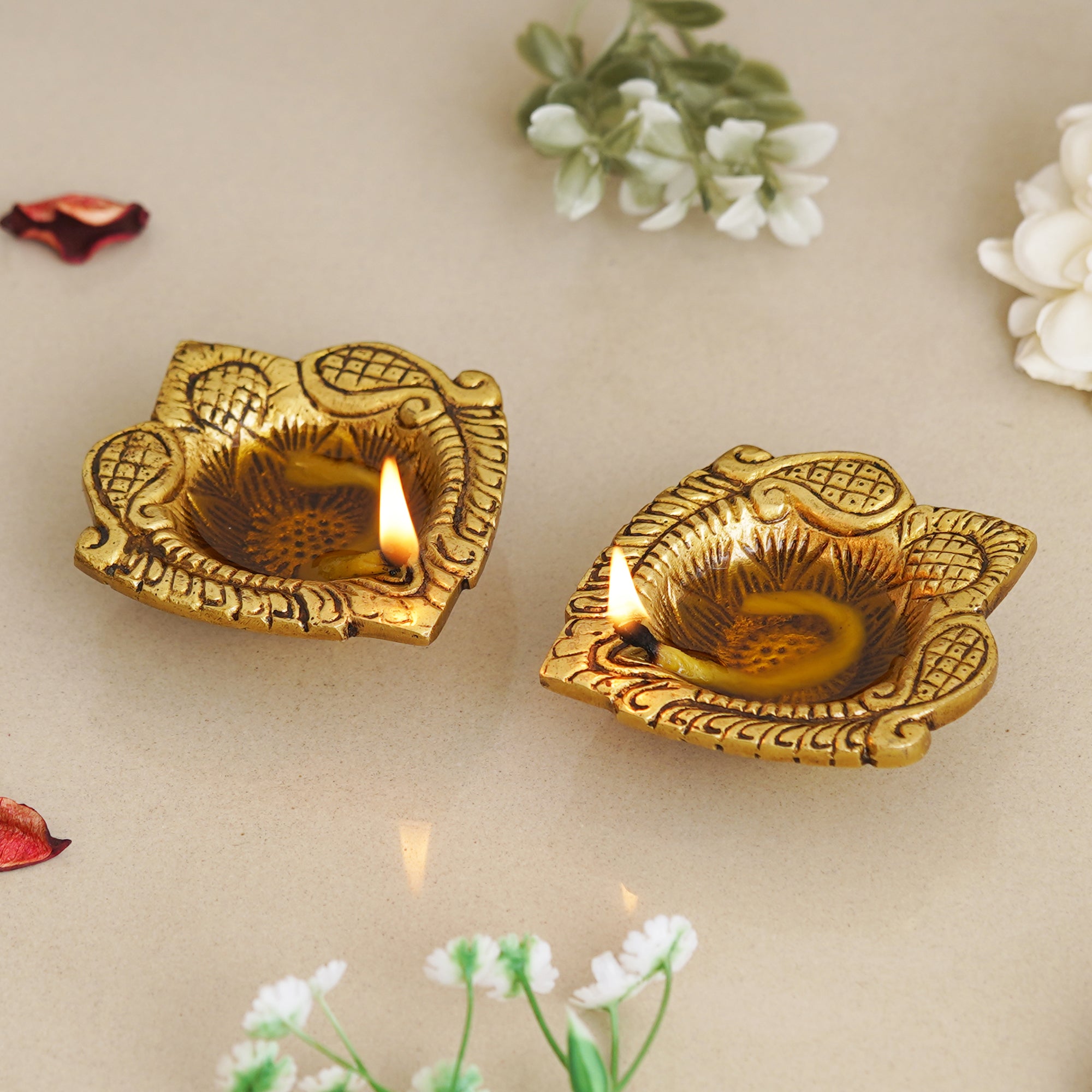 eCraftIndia Set of 2 Golden Handcrafted Decorative Brass Diyas 1