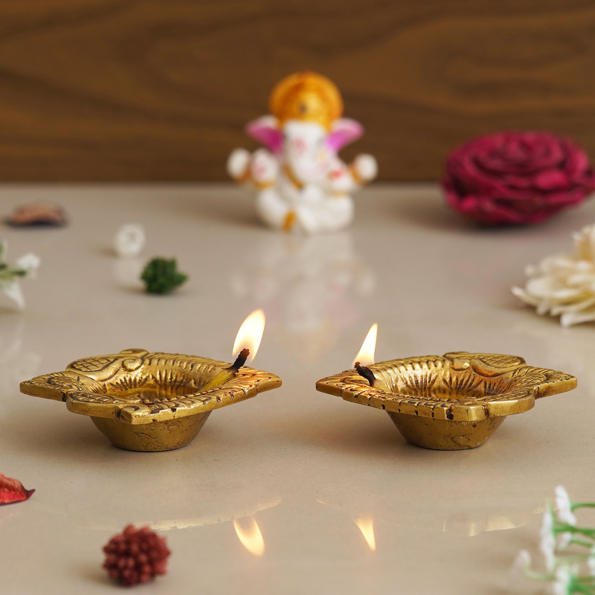 eCraftIndia Set of 2 Golden Handcrafted Decorative Brass Diyas 4