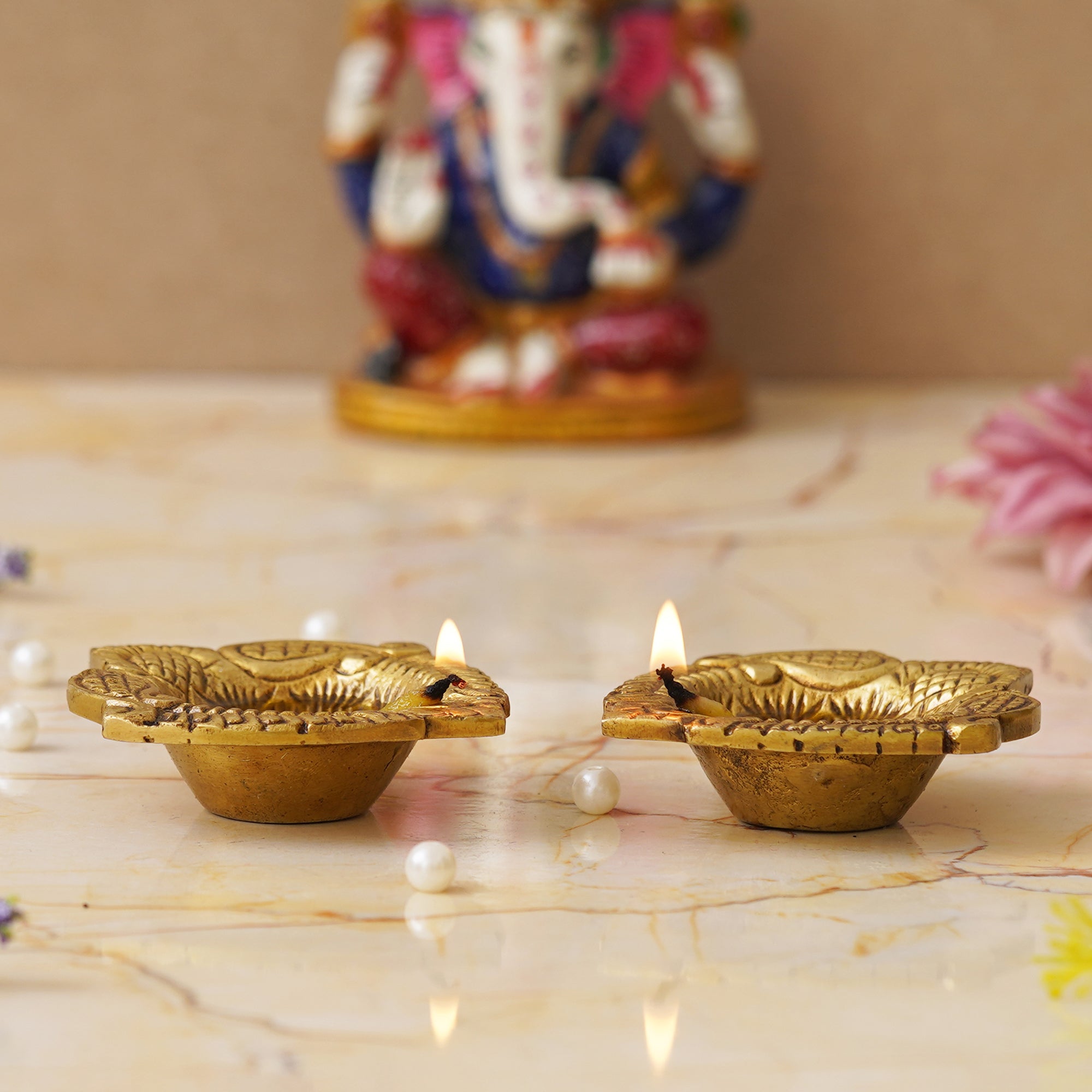 eCraftIndia Set of 2 Golden Handcrafted Decorative Brass Diyas 5