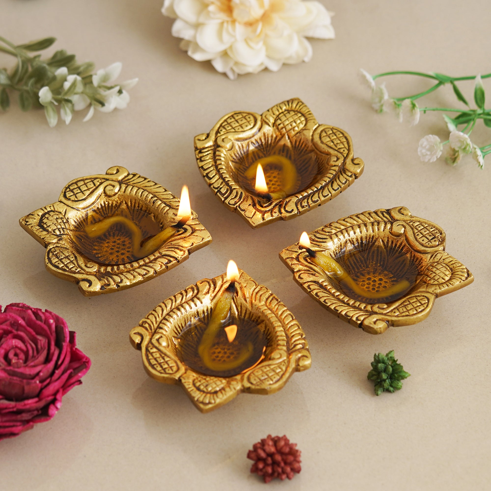 eCraftIndia Set of 4 Golden Handcrafted Decorative Brass Diyas