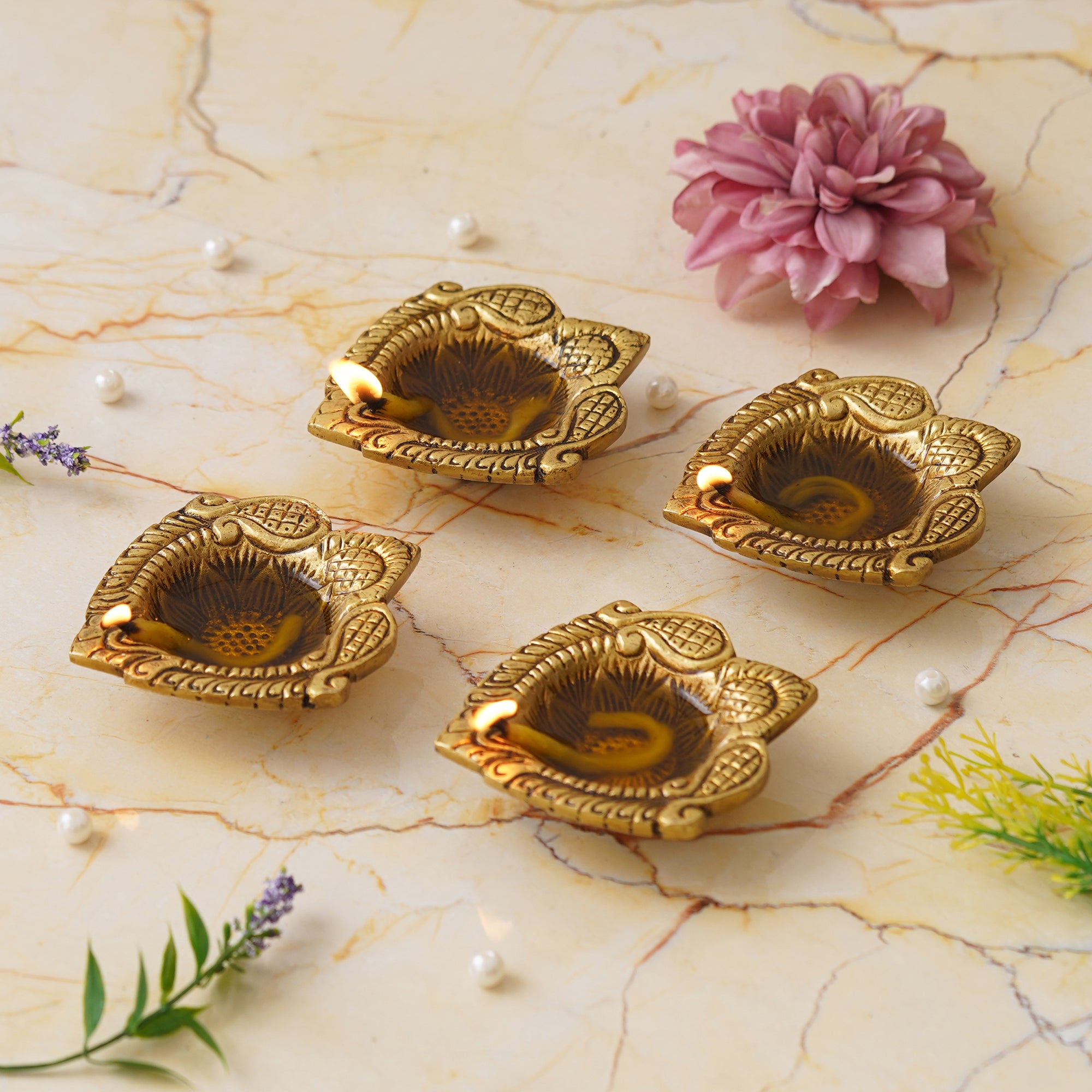 eCraftIndia Set of 4 Golden Handcrafted Decorative Brass Diyas 1