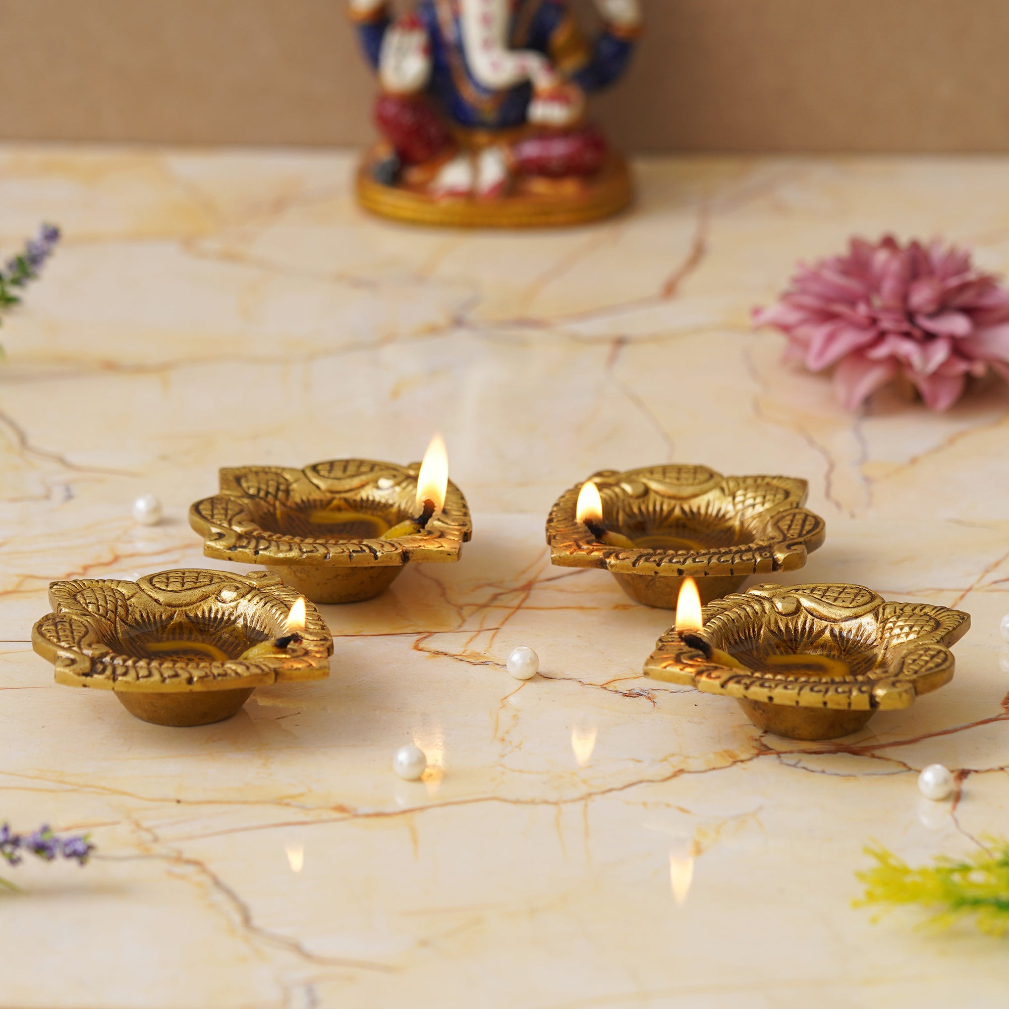 eCraftIndia Set of 4 Golden Handcrafted Decorative Brass Diyas 4