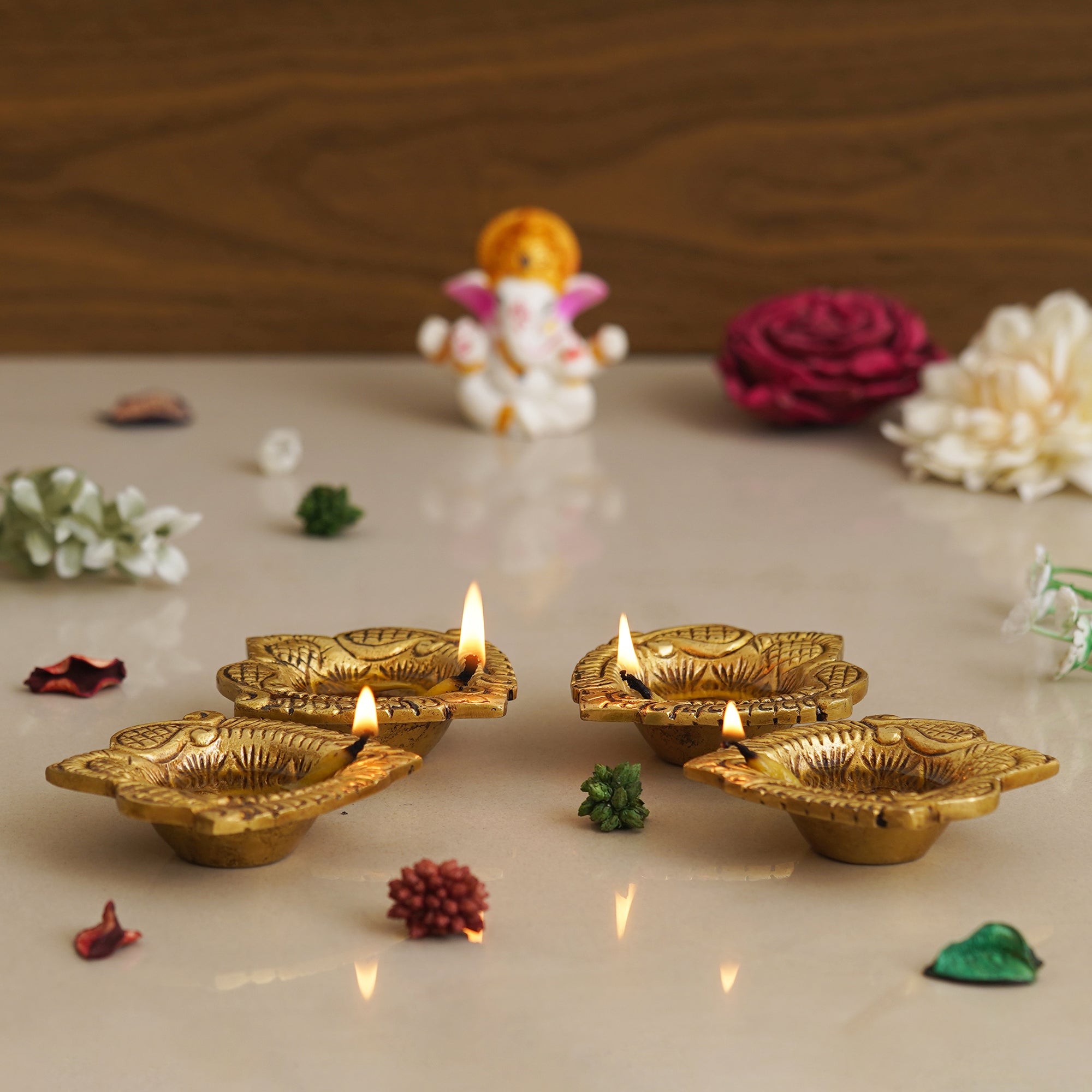 eCraftIndia Set of 4 Golden Handcrafted Decorative Brass Diyas 5