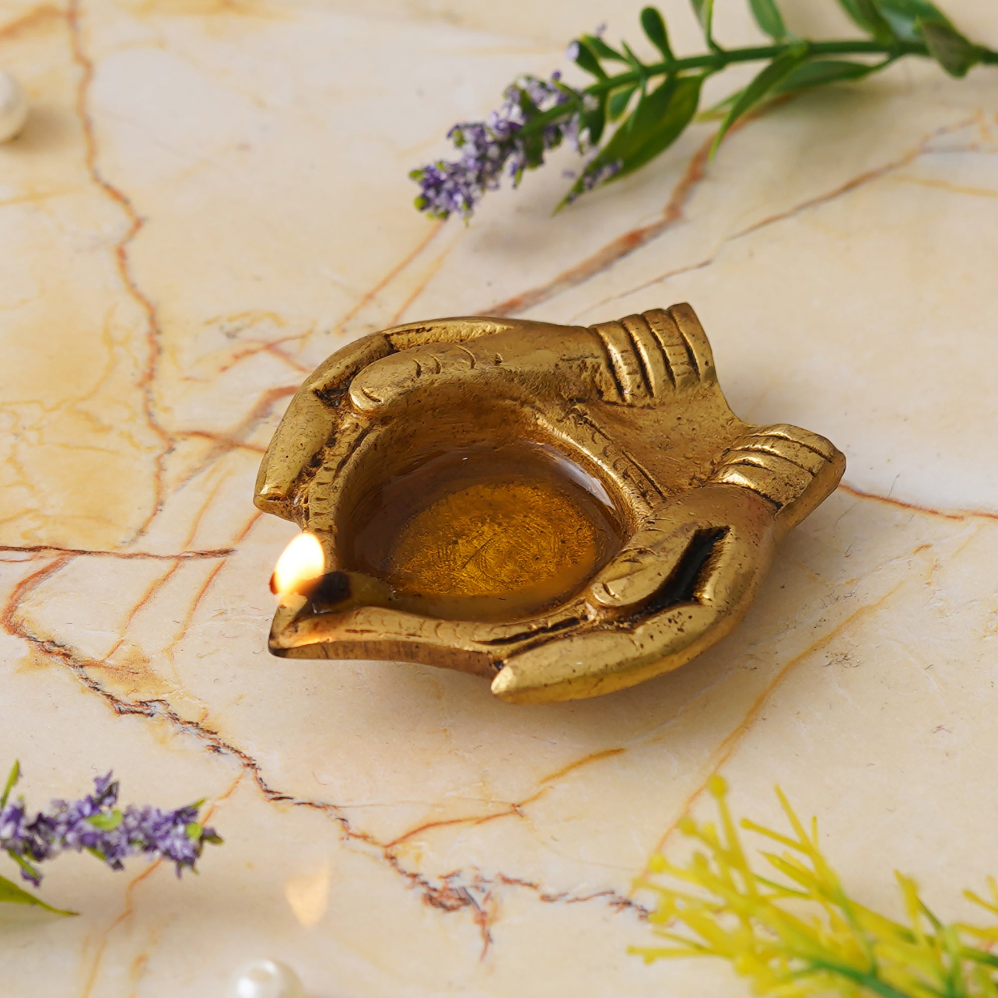 eCraftIndia Golden Handcrafted Lady Hand Holding Diya Ethnic Design Brass Diya