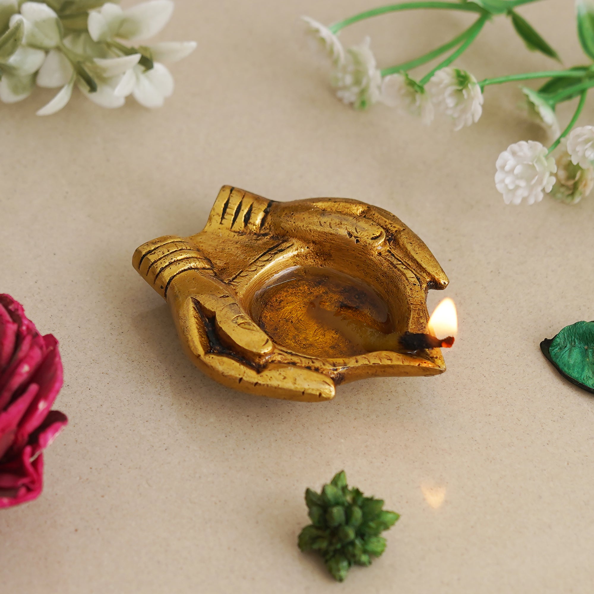 eCraftIndia Golden Handcrafted Lady Hand Holding Diya Ethnic Design Brass Diya 1