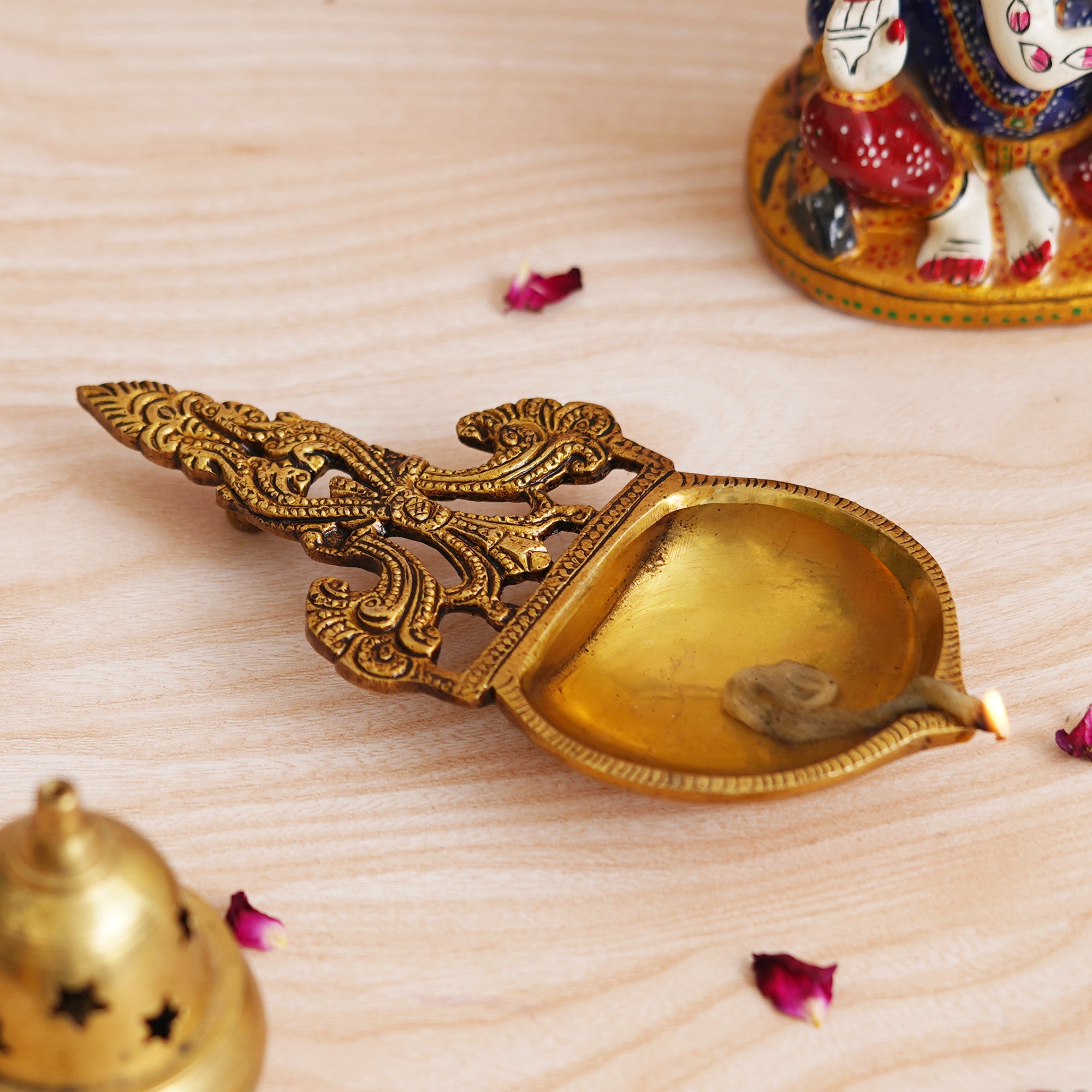 eCraftIndia Golden Ethnic Design Brass Diya with Handle - Ideal for Home Temple