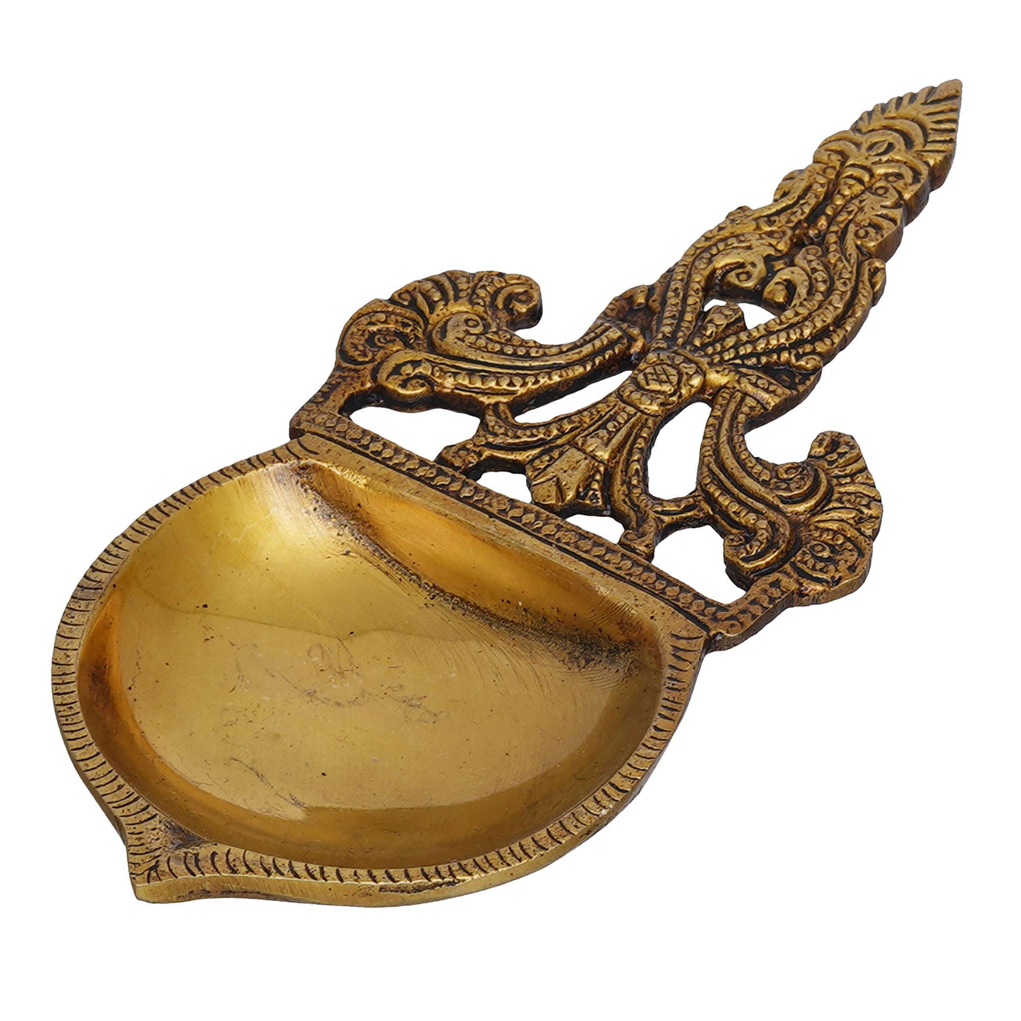 eCraftIndia Golden Ethnic Design Brass Diya with Handle - Ideal for Home Temple 2